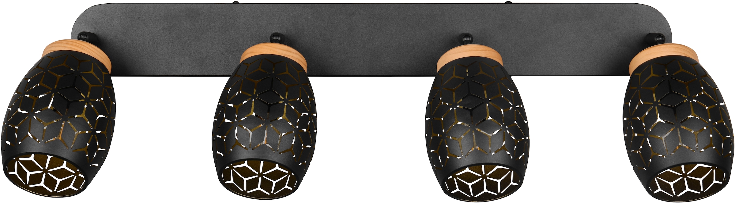 REALITY Leuchten Deckenstrahler »BIDAR 4-flammig, exkl 4x E14 max 10W, Deckenlampe Spots verstellbar«, 4 flammig, Leuchtmittel E14 | Leuchtmittel wechselbar, Metall-Lampenschirm mit Lasercut Muster und Holz-Dekoelementen