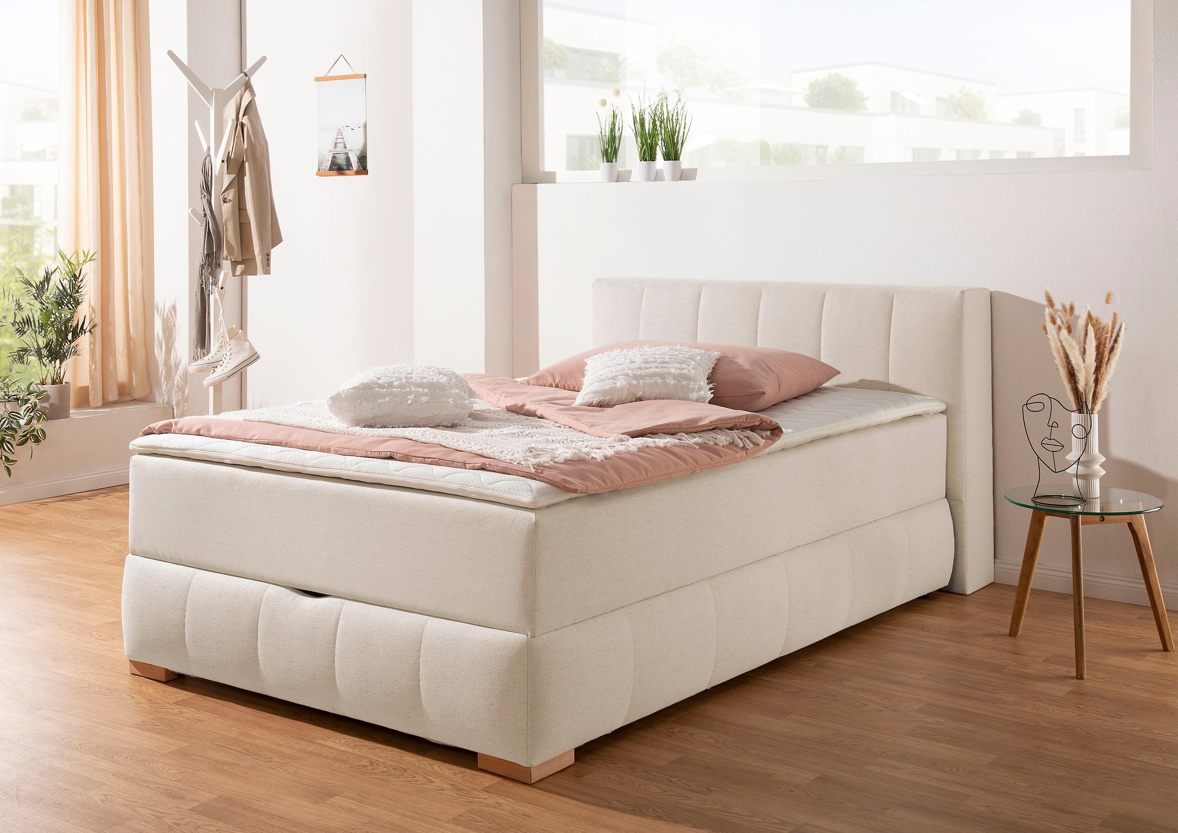 Boxbett mit Bettkasten, beige-natur Bonellfederkern H3