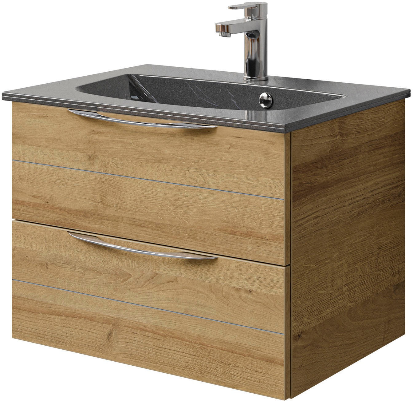 Saphir Badmöbel-Set »Serie 6025 2-teilig Mineralmarmor-Waschtisch mit LED-Spiegelschrank«, (2 St.), Waschplatz 67 cm breit, 2 Schubladen, 2 Spiegel-Türen, inkl Türdämpfer