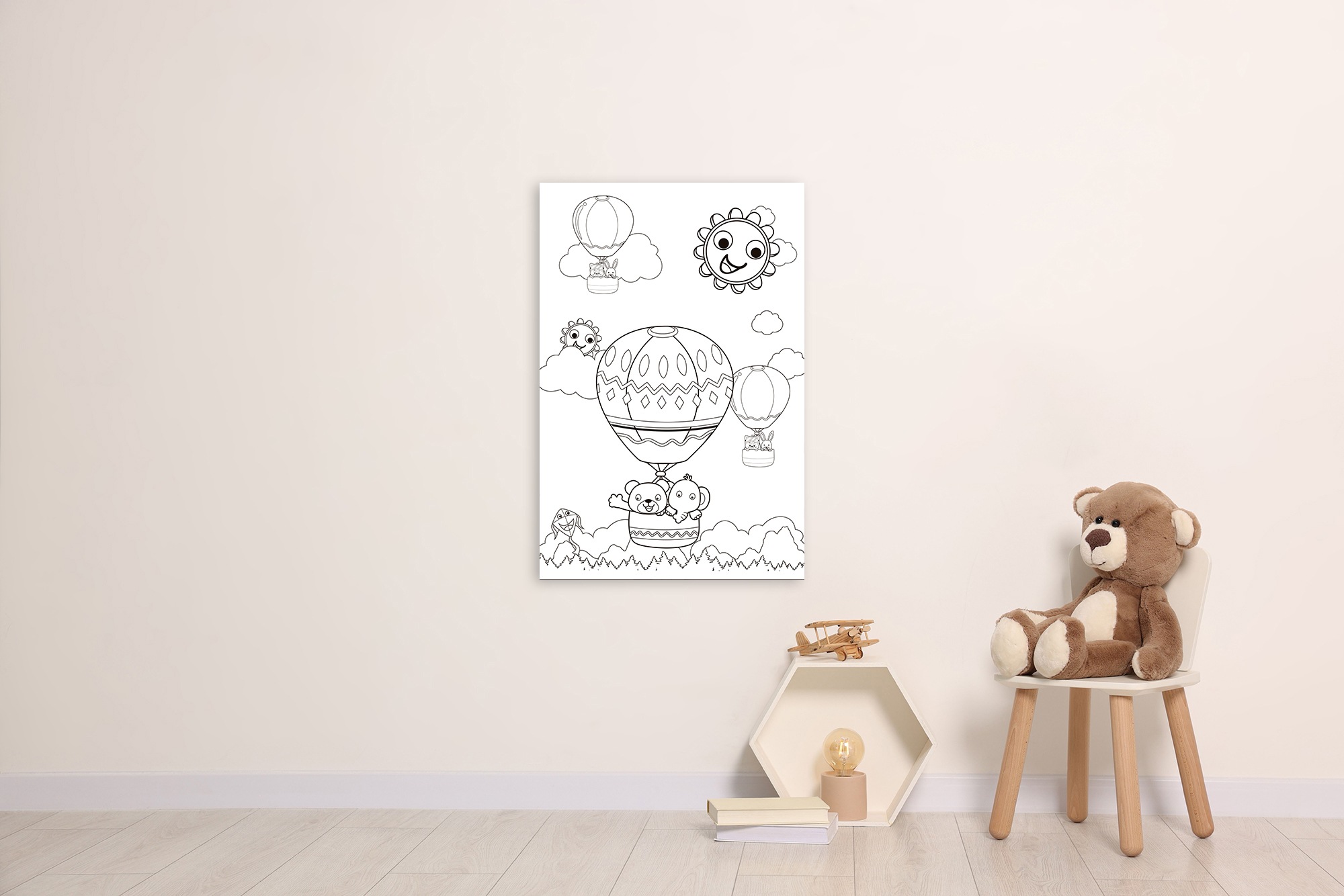 Bild QUEENCE "Ballonfahrt mit Bär und Elefant", weiß (farbe bild(er): weiß), B:60cm H:90cm T:0,4cm