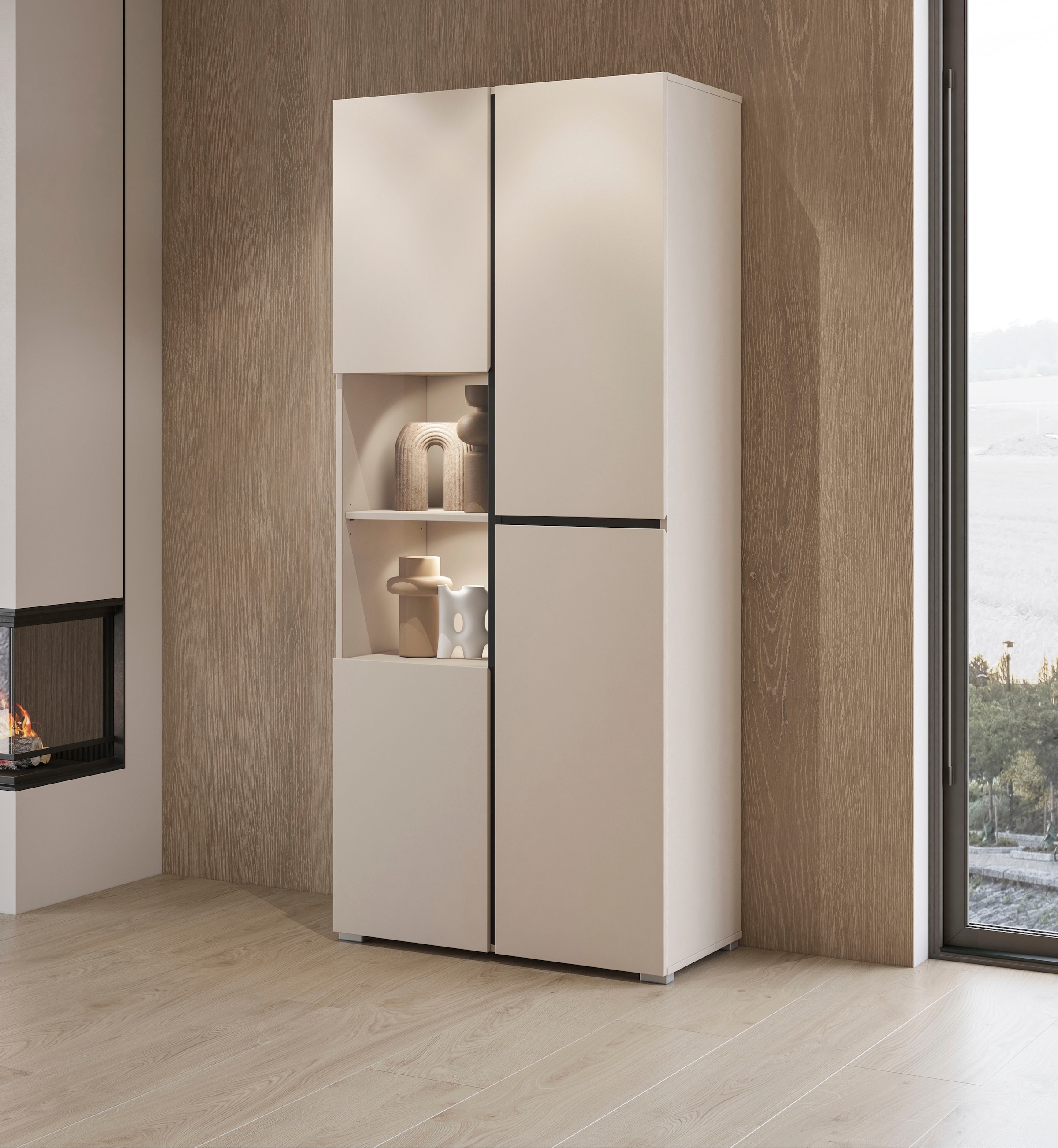 OTTO home Vitrine »Cross, Höhe 183,5 cm, moderne grifflose Standvitrine mit 3 Türen« Hochschrank mit viel Stauraum, Glastür und verstellbaren Einlegeböden