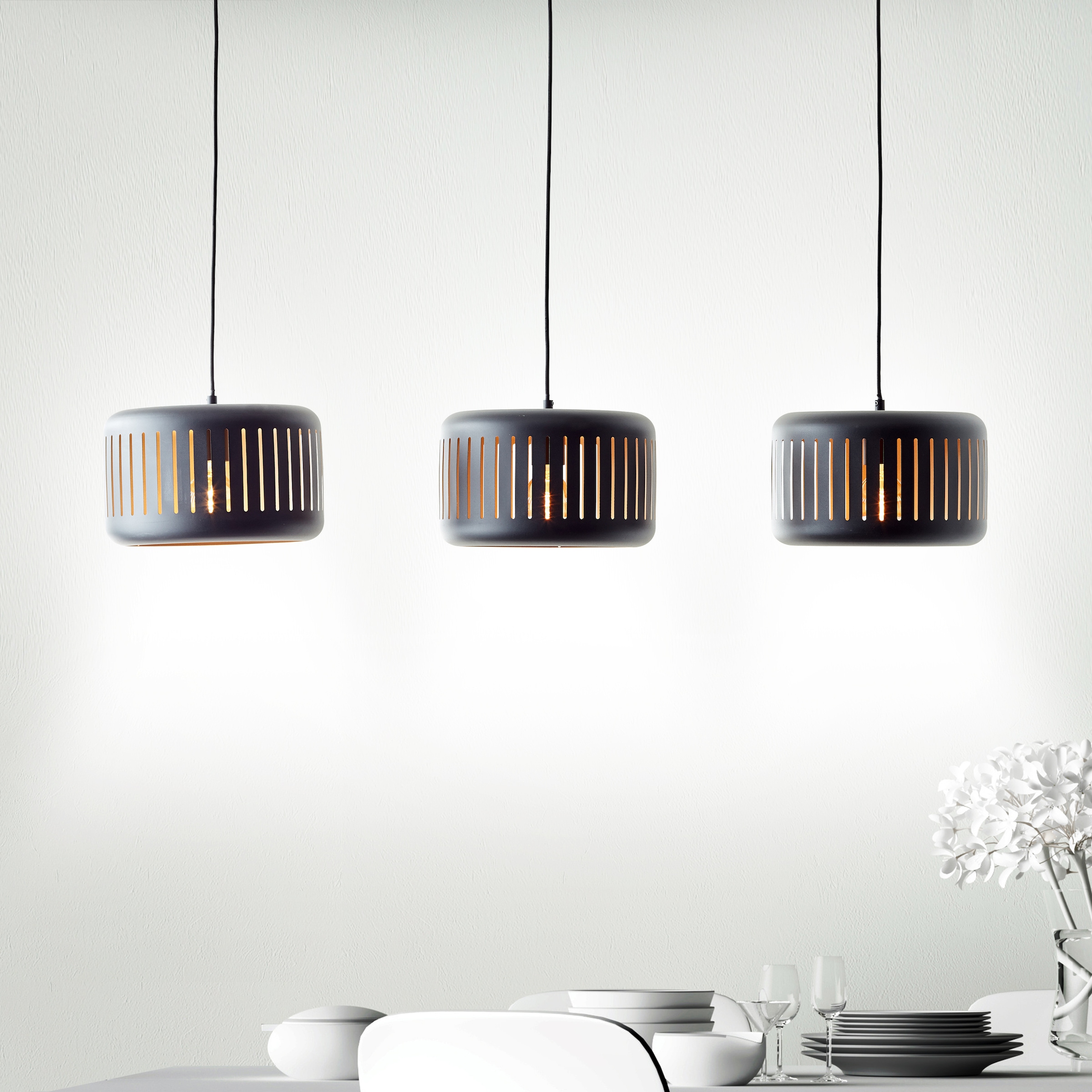 Brilliant Pendelleuchte »Tyas«, 3 flammig, Leuchtmittel E27 | ohne Leuchtmittel, 120 x 110 x 27 cm, 3 x E27, kürzbar, Metall, schwarz/goldfarben