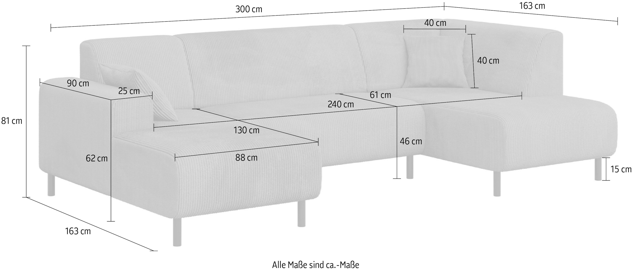 Home affaire Wohnlandschaft »ARROS U-Form mit Wellenunterfederung, Maße B/T/H: 300/163/81 cm«, incl. Zierkissen, mit Recamiere links/rechts bestellbar, auch in Cord