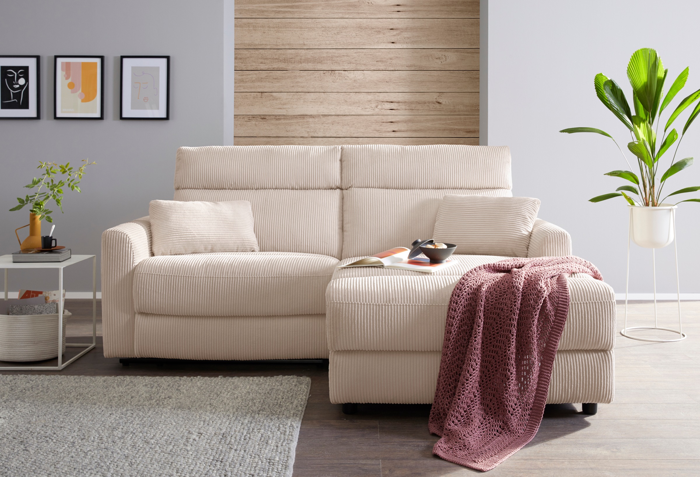 INOSIGN Ecksofa »JENNA, L-Form, 209cm, manuelle u. elektrische Funktion, mit USB A/C,«, Liegefunktion 105°-150°, Federkern, Cord