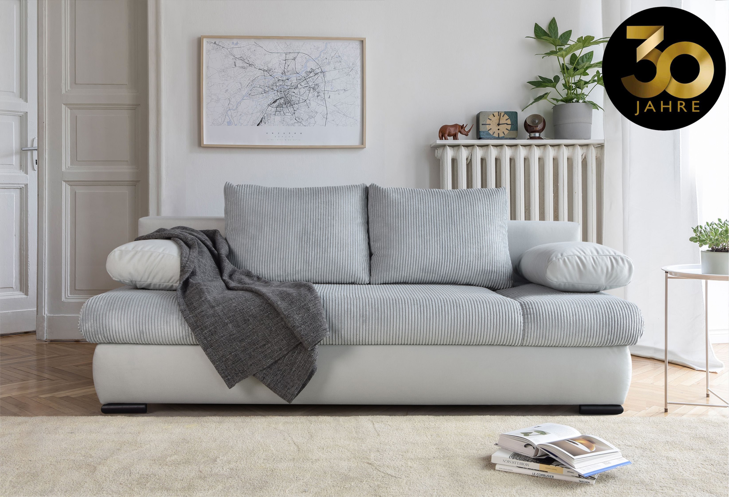 COLLECTION AB Schlafsofa »Chicago mit Bettfunktion, Schlafcouch«, inklusive Bettkasten, Cord-Samt Bezug, hellgrau