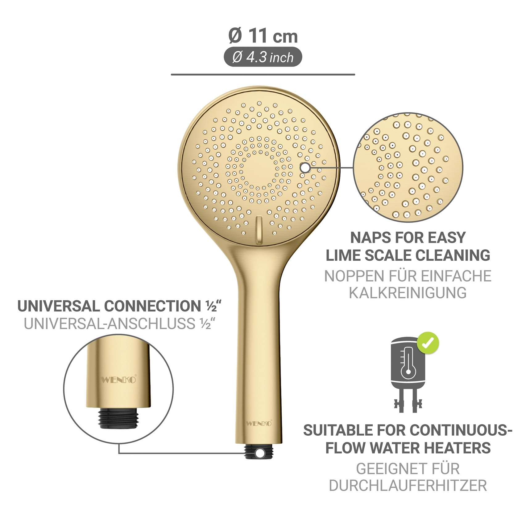 WENKO Handbrause »Watersaving« wassersparender Duschkopf, 3 Strahlarten, Ø 11 cm