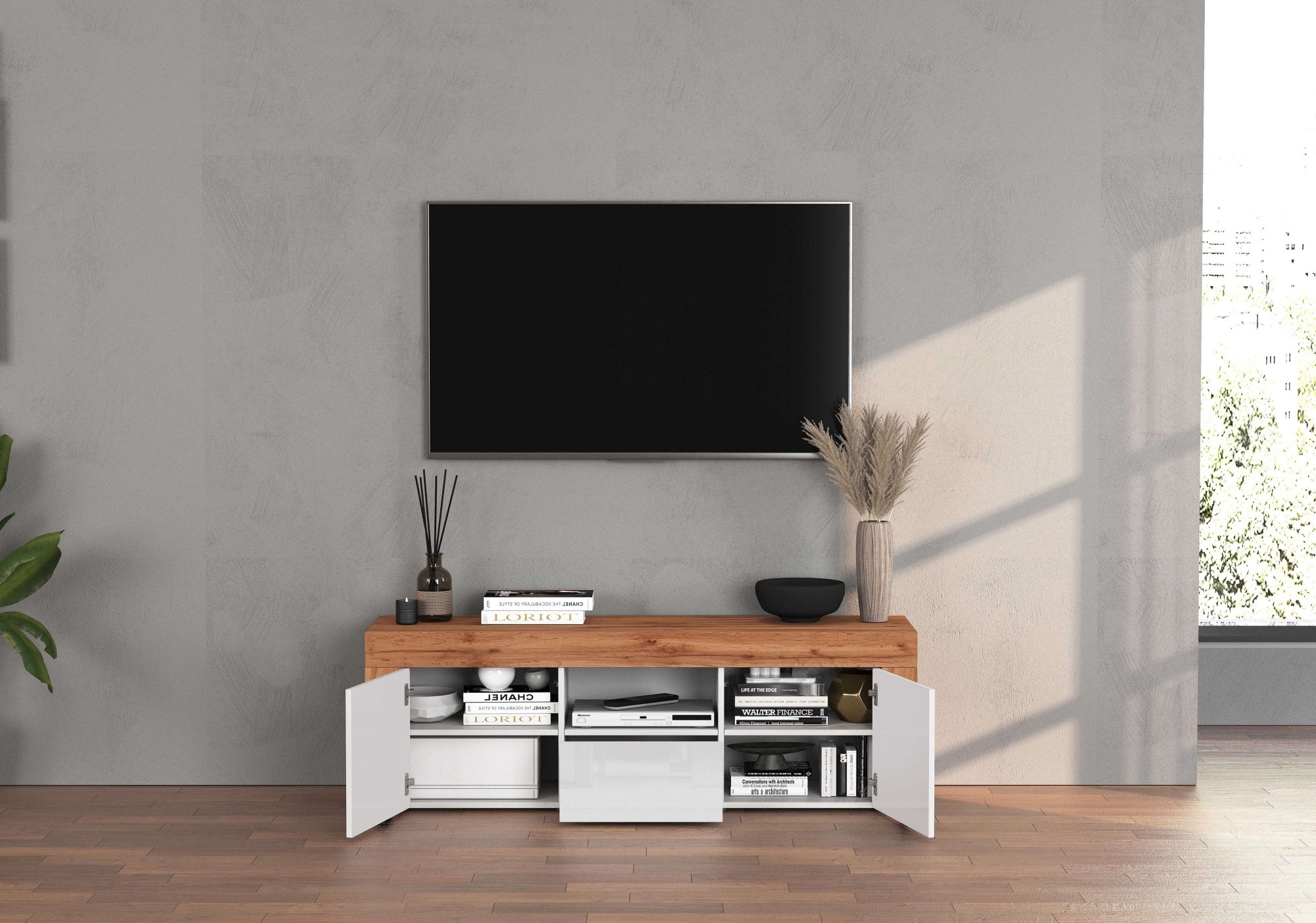 INOSIGN Lowboard »CHRONOS Breite 155 cm mit 2 Türen, 1 Schublade,1 offenes Fach«, (1 St.), TV-Board, Sideboard niedrig, Grifflos mit Push to Open 'Made in Italy'