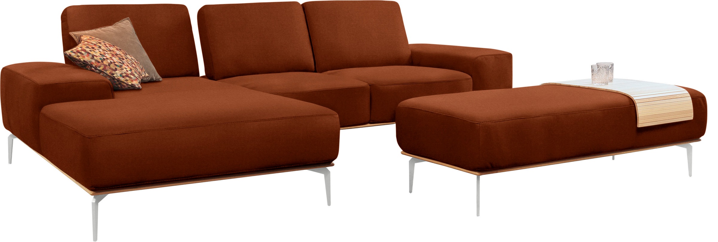 W.SCHILLIG Ecksofa »run, Designsofa mit tollem Sitzkomfort, L-Form«, mit elegantem Holzsockel, Füße in Chrom glänzend, Breite 279 cm
