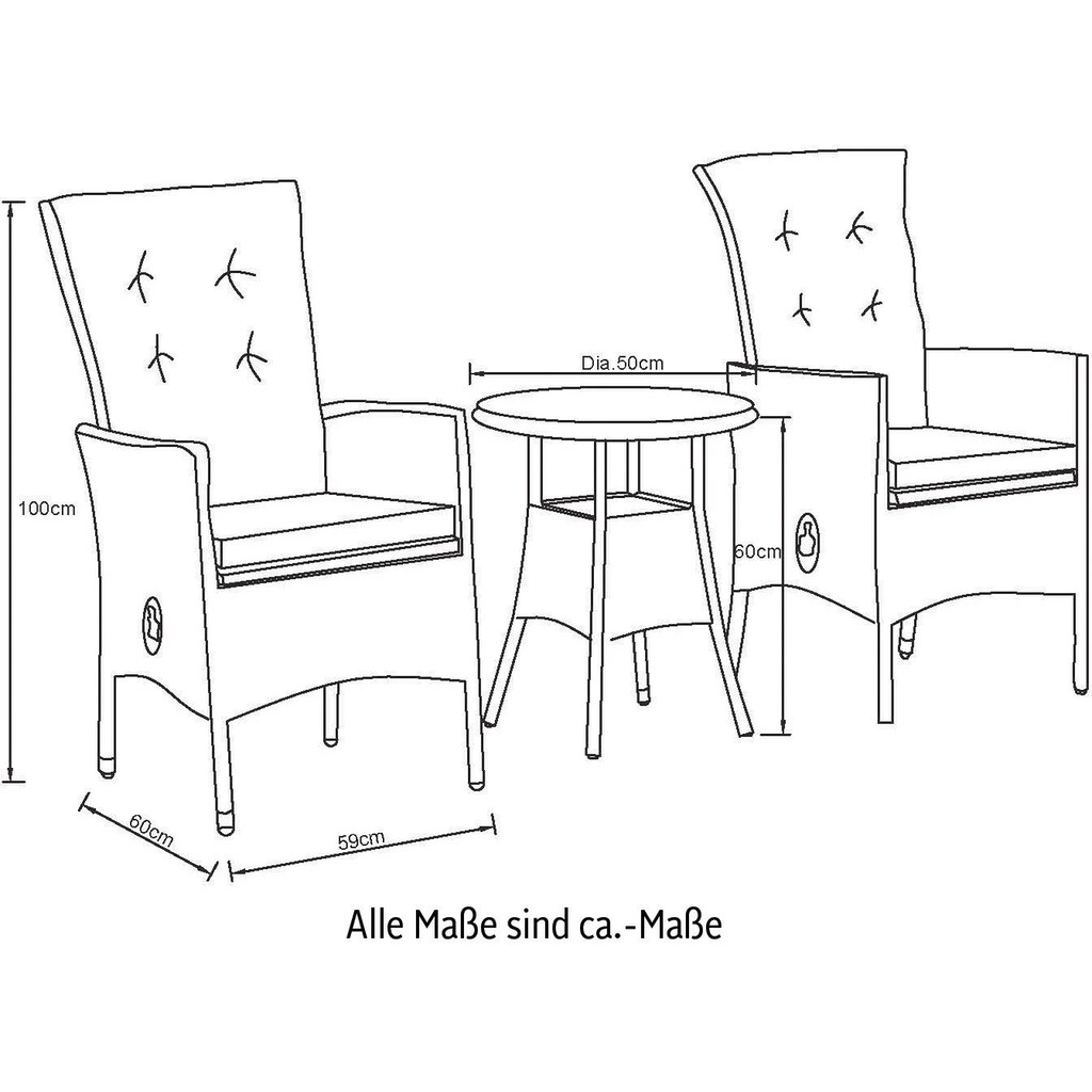 KONIFERA Balkonset »Belluno«, (Set, 5 tlg., 2x Sessel, 1x Tisch Ø 50 cm, inkl. Auflagen)