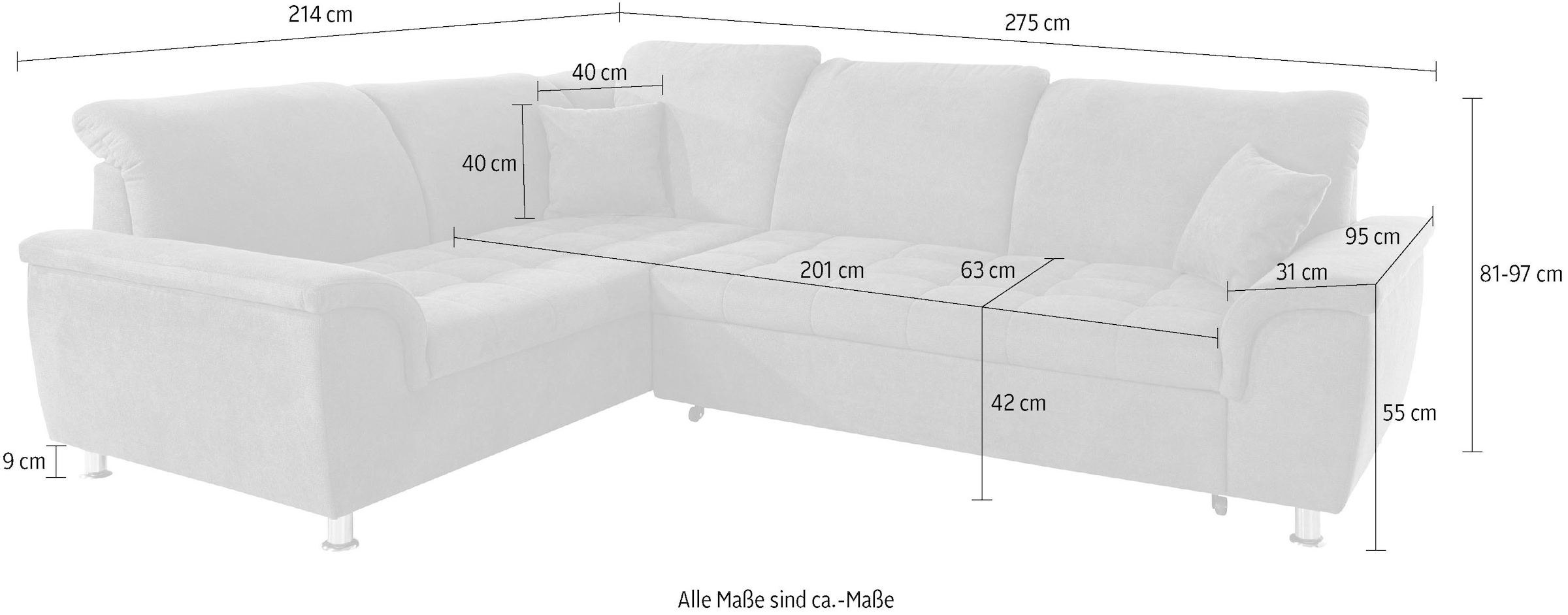 DOMO collection Ecksofa »Franzi L-Form«, wahlweise mit Kopfteilverstellung (dann Breite: 275 cm)