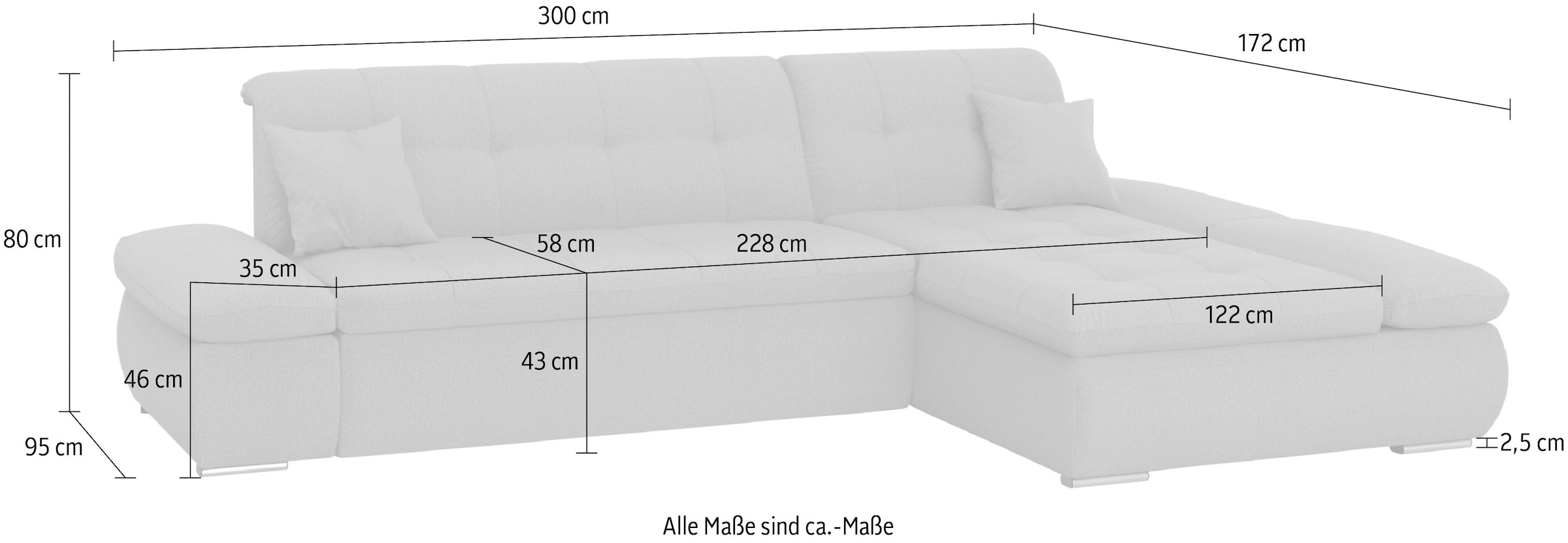 DOMO collection Ecksofa »Moric, L-Form, XXL-Sofa - Breite 300cm«, wahlweise mit Bettfunktion und Armteilverstellung, eisblau-grau