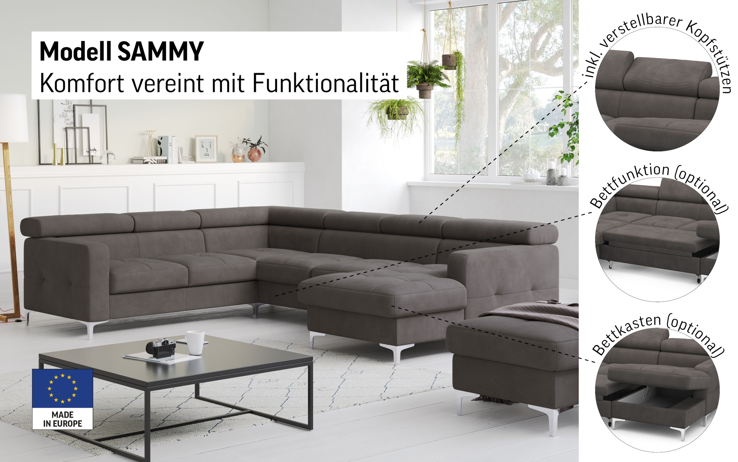 COTTA Wohnlandschaft »Sammy U-Form« mit Kopfteilverstellung, wahlweise mit Bettfunktion & Bettkasten
