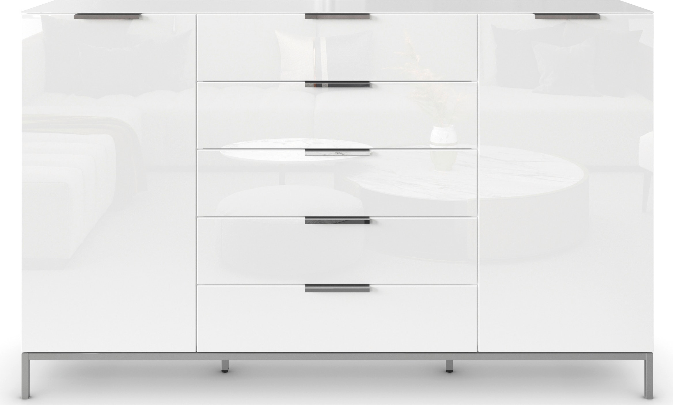 rauch Schubkastenkommode »Kommode Türkommode Sideboard Kombikommode FLIPP mit Glasfront«, (Breite 160/180 cm mit 4 Einlegeböden), 2-türig, 5 Schubladen, Soft-Close, Oberboden und Front Glas, 2 Breiten