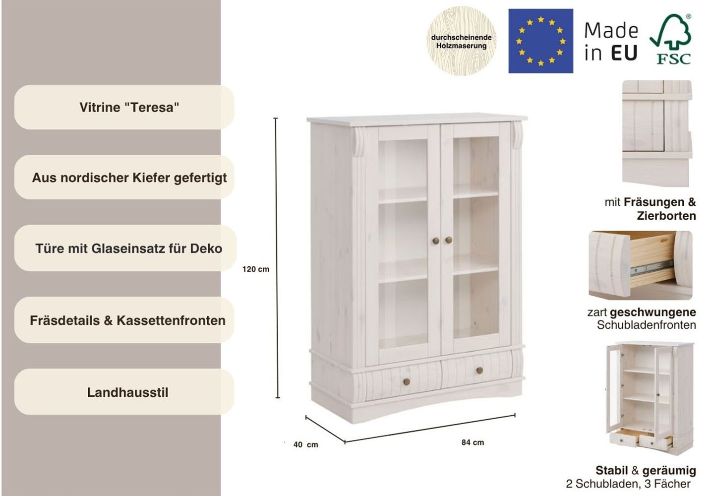 Home affaire Vitrine »Teresa«, mit 2 Glastüren und 2 Schubladen, Höhe 120 cm, aus Massivholz