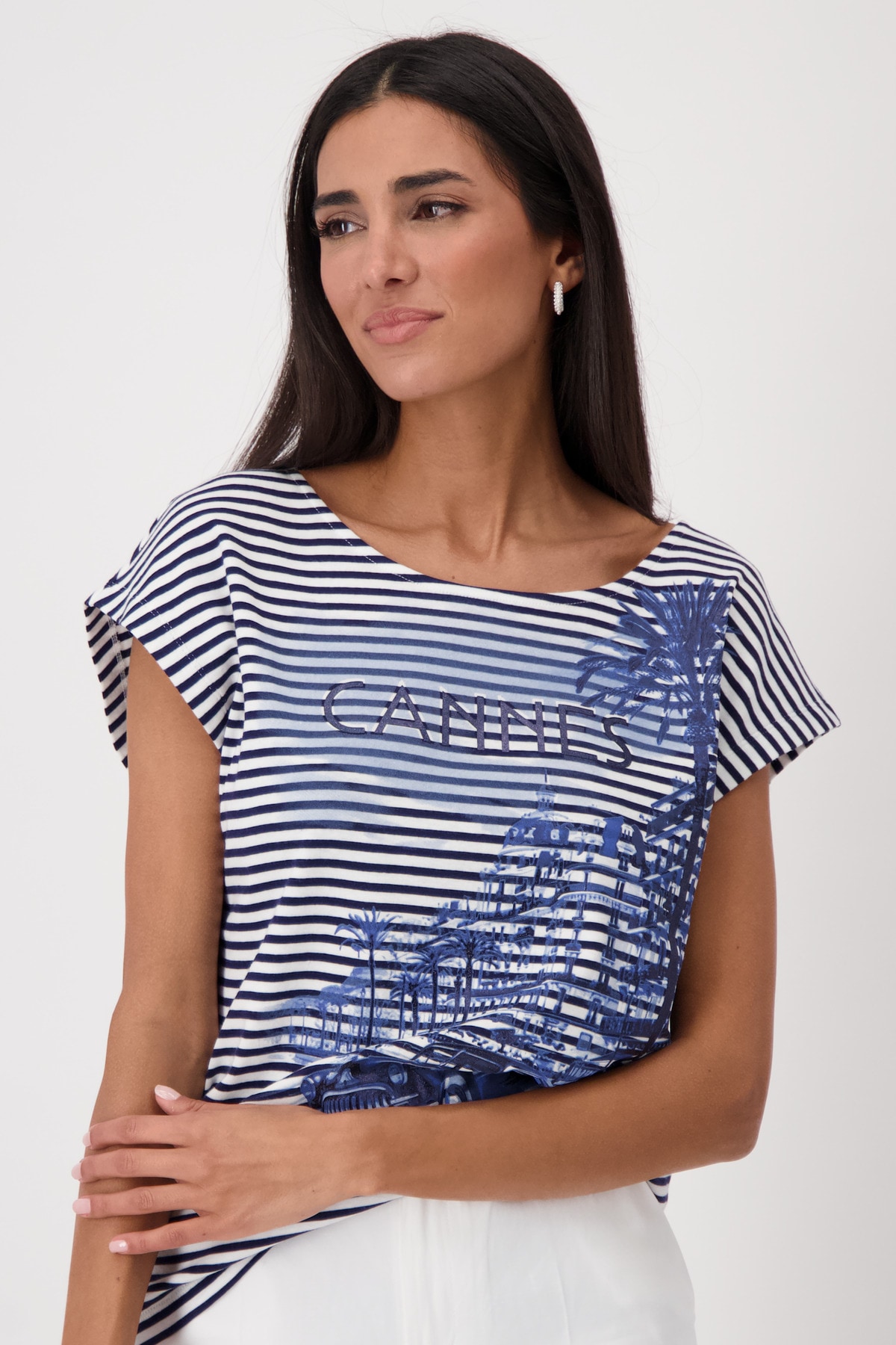 Monari T-Shirt »Shirt Ringel + Druck«, Mit Rundhalsausschnitt