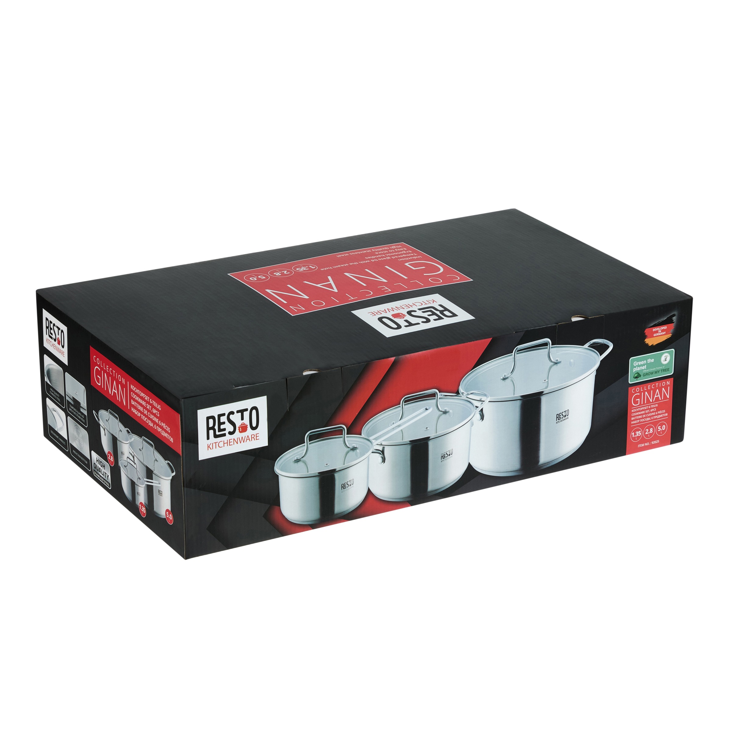 RESTO Kitchenware Topf-Set »GINAN im Geschenkkarton, spülmaschinengeeignet« Set, 1x Soßentopf Ø 16 cm mit Deckel, je 2x Kochtopf Ø 20/24 cm mit Deckel, 6 tlg. Edelstahl 18/10