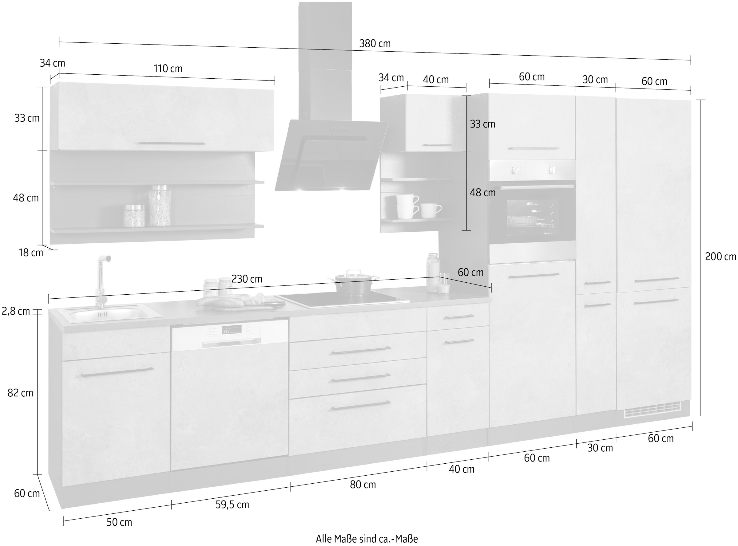 cm, Küchenzeile Fronten »Tulsa«, HELD schwarze MÖBEL Metallgriffe, auf Rechnung Breite MDF 380 E-Geräte, bestellen ohne