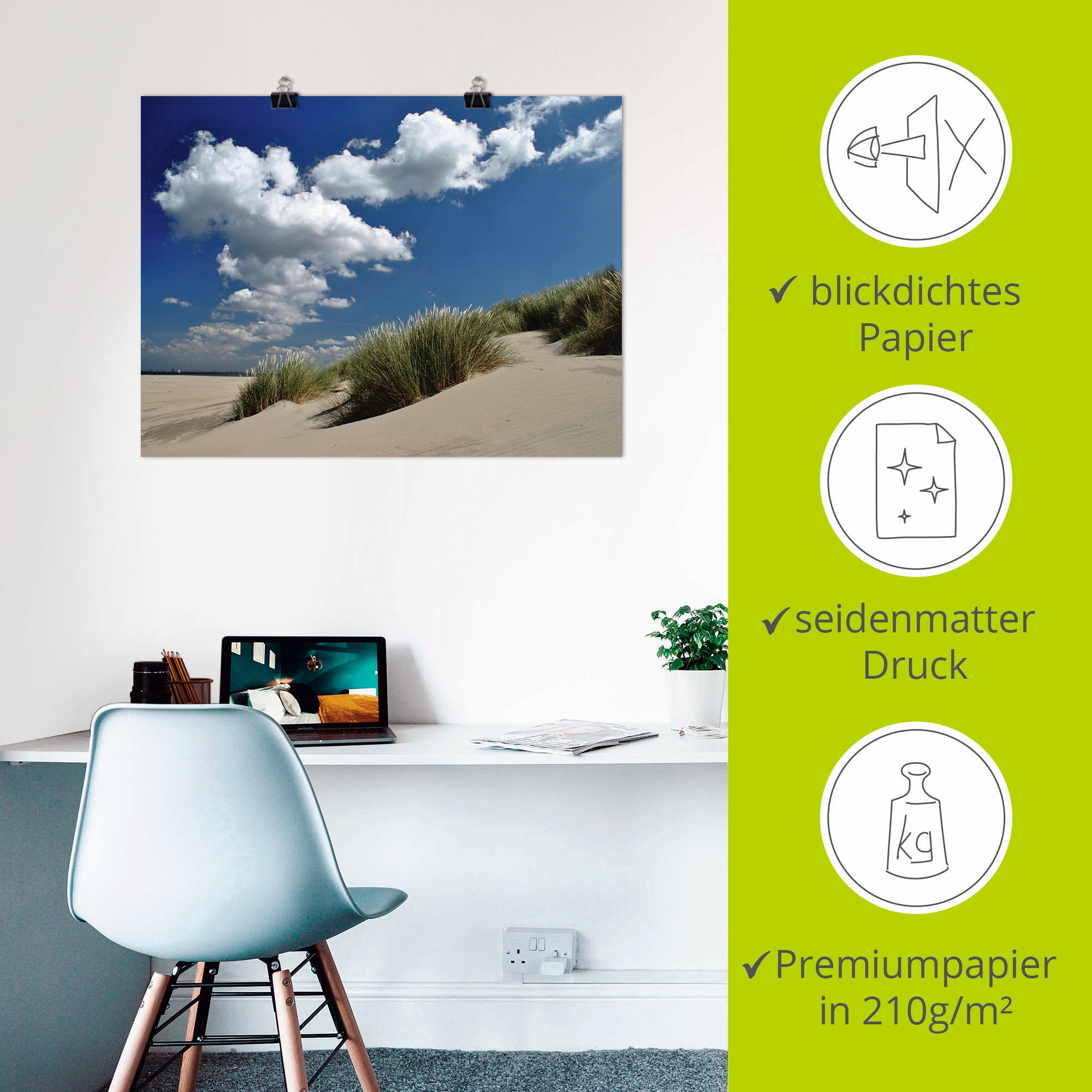 Artland Poster »Himmel, Dünen und Meer«, Strand, (1 St.), als Leinwandbild, Wandaufkleber oder Poster in versch. Größen