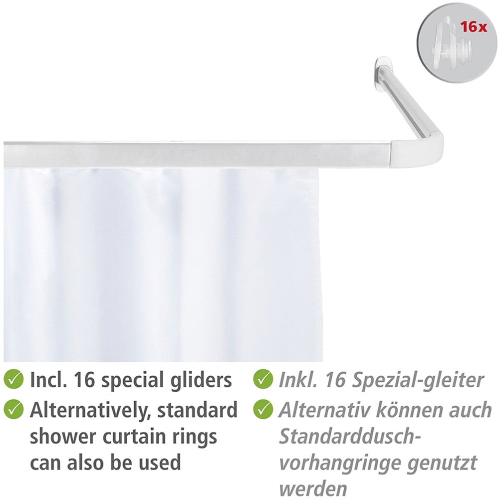 WENKO Winkelstange »Modell Era«, Winkelschiene aus Aluminium für Duschvorhänge, inkl. 16 Spezialgleiter