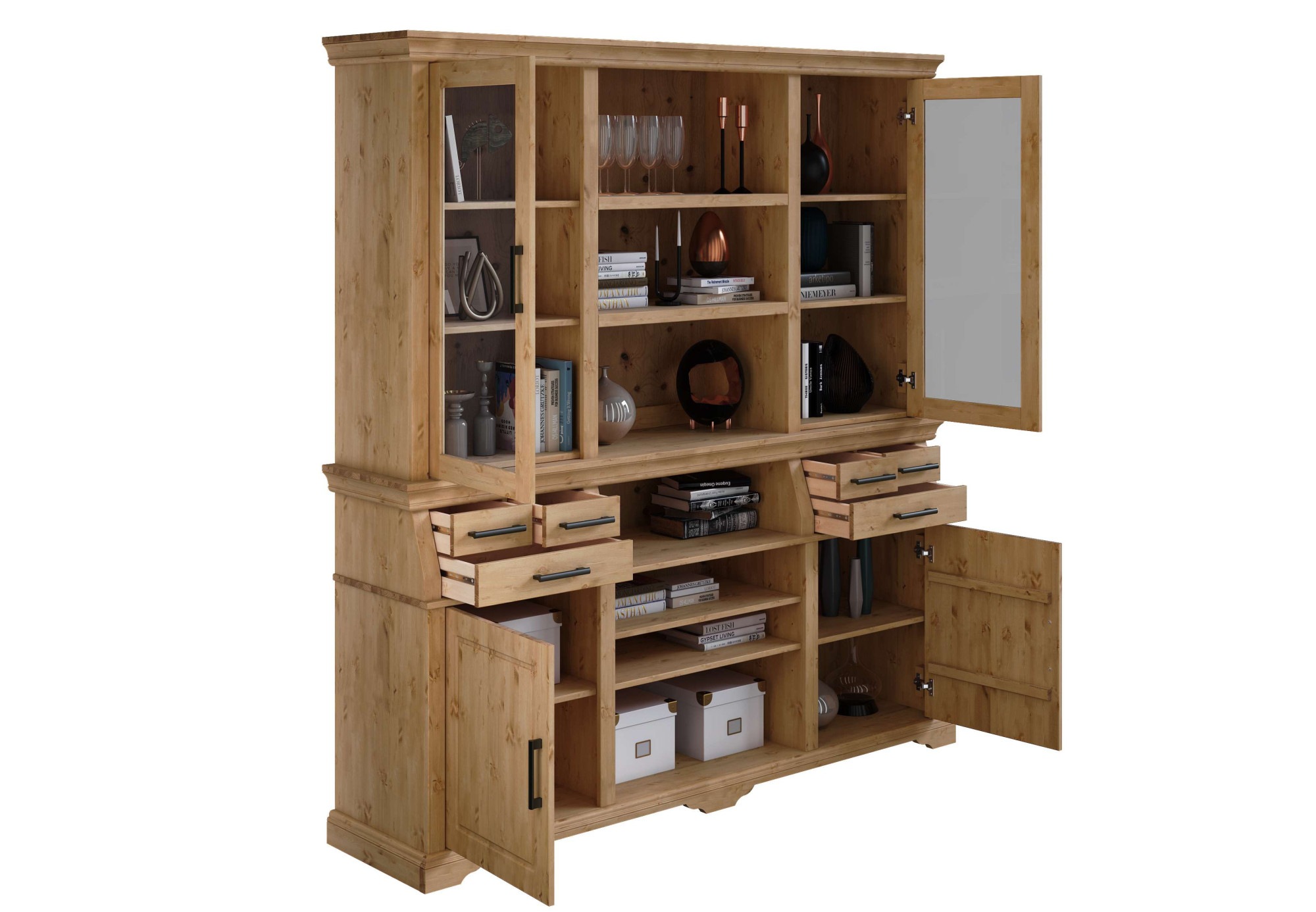 Home affaire Buffet »Anabel, mit Glastüren und schwarzen Metallgriffen«, zertifiziertes Massivholz, Breite 186 cm, Höhe 199 cm