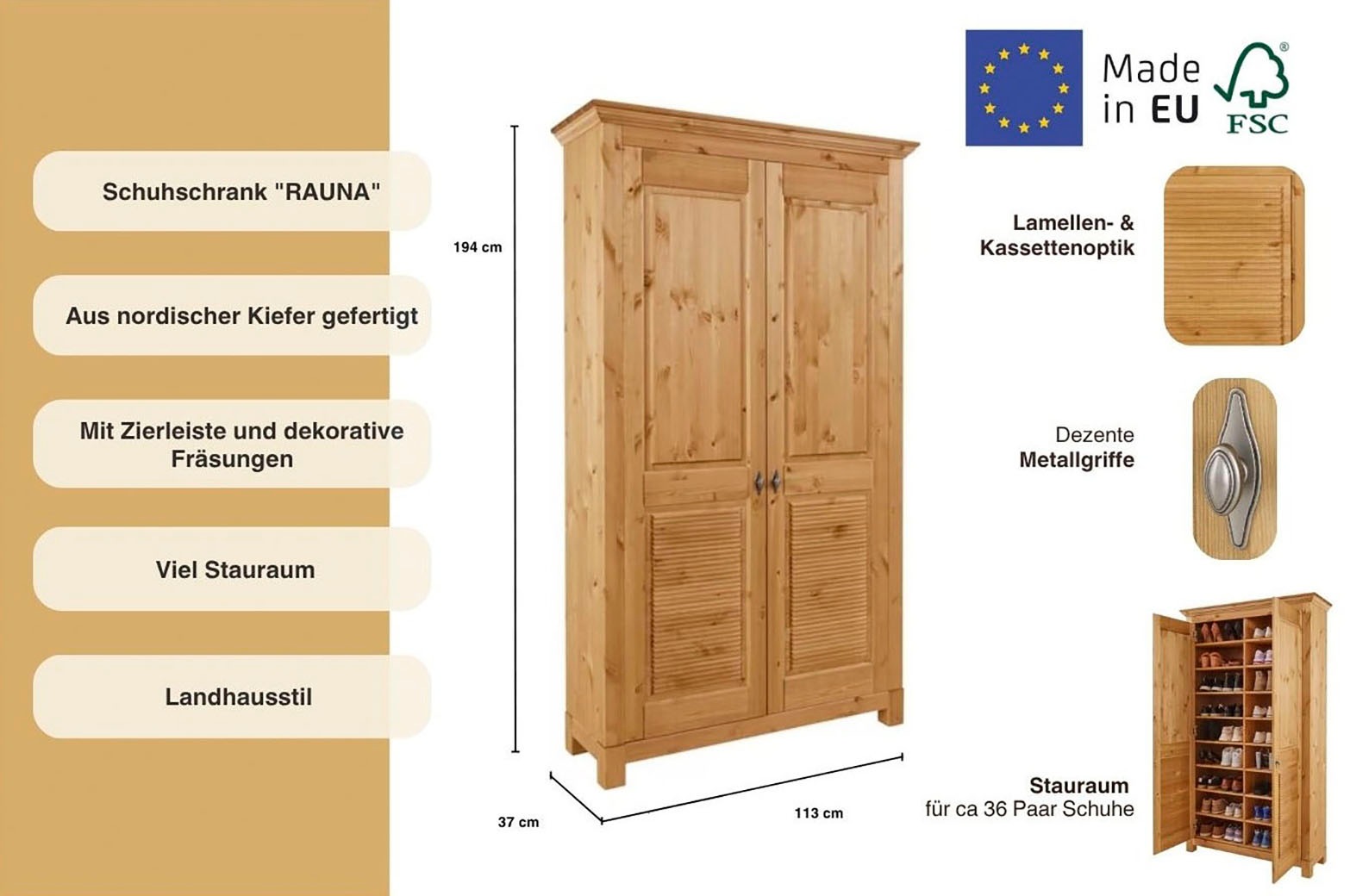 Home affaire Schuhschrank »Rauna«, aus massiver Kiefer, viel Stauraum