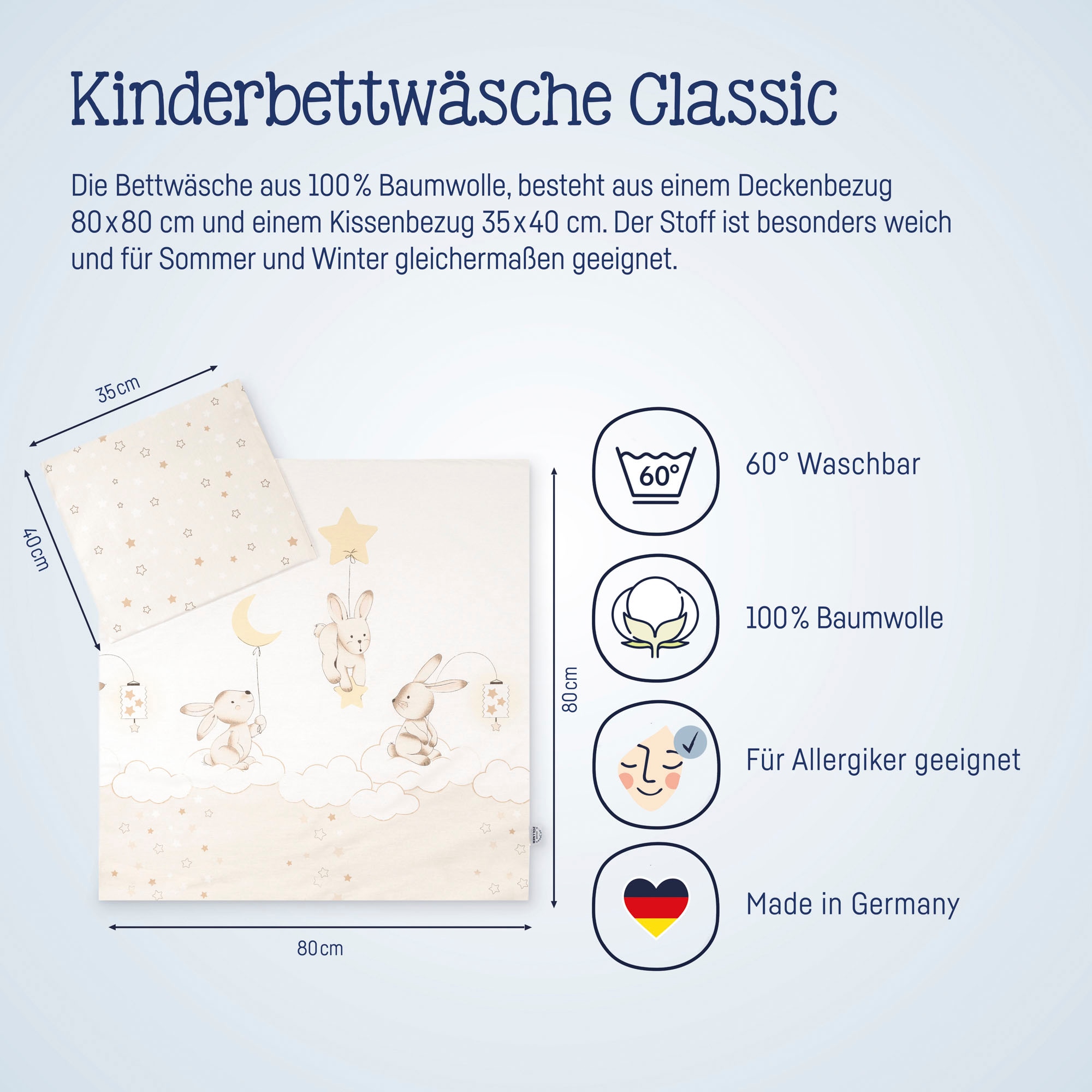 Julius Zöllner Kinderbettwäsche »Baby- und Kinderbettwäsche aus 100% Baumwolle«, erhältlich in den Größen 80x80+35x40cm und 100x135+40x60cm