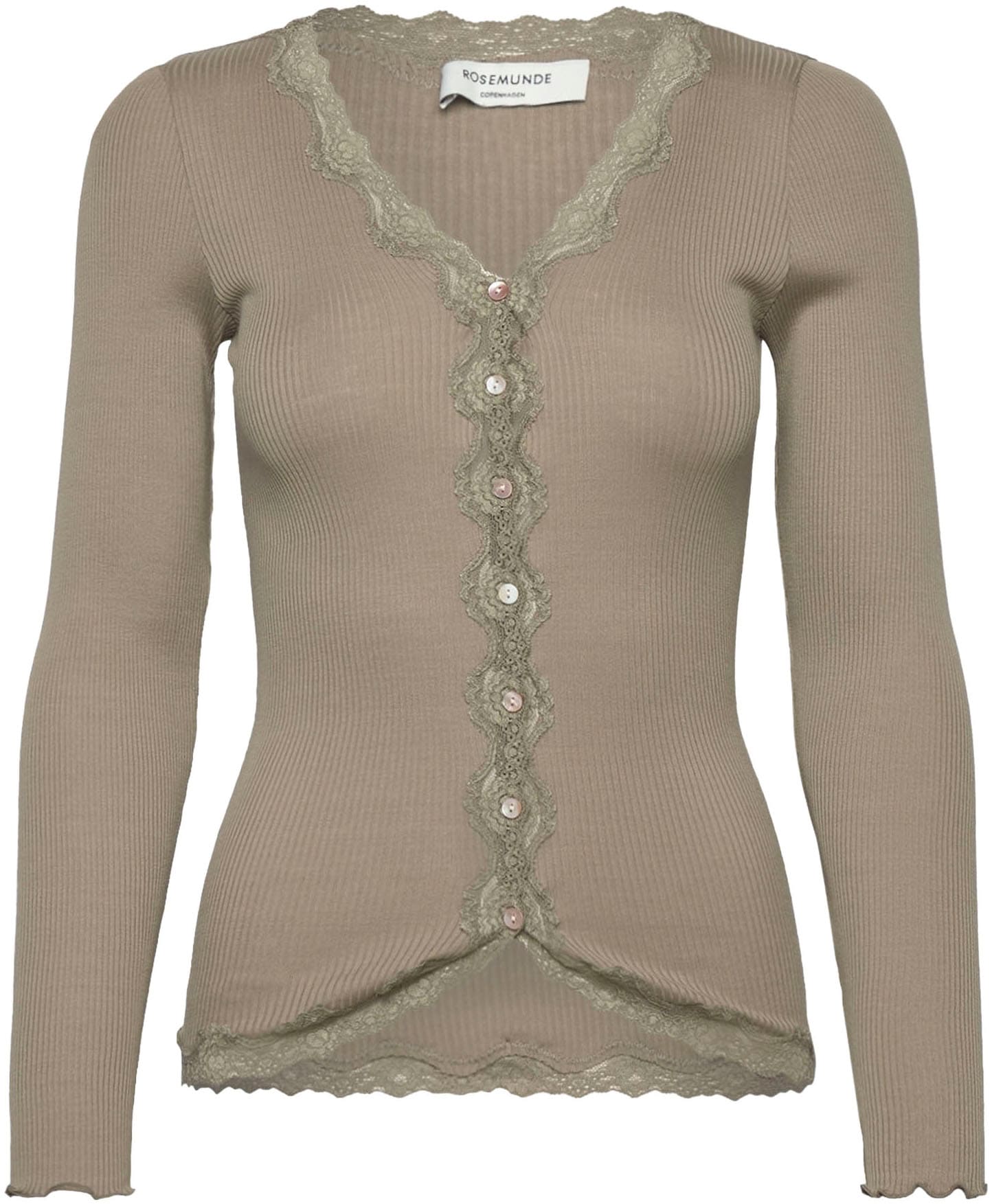 rosemunde Strickjacke »Babette Silk Cardigan mit Seide« Vintage-Spitzenbesatz, Perlmuttknopfleiste, Langarm, Seidenmix