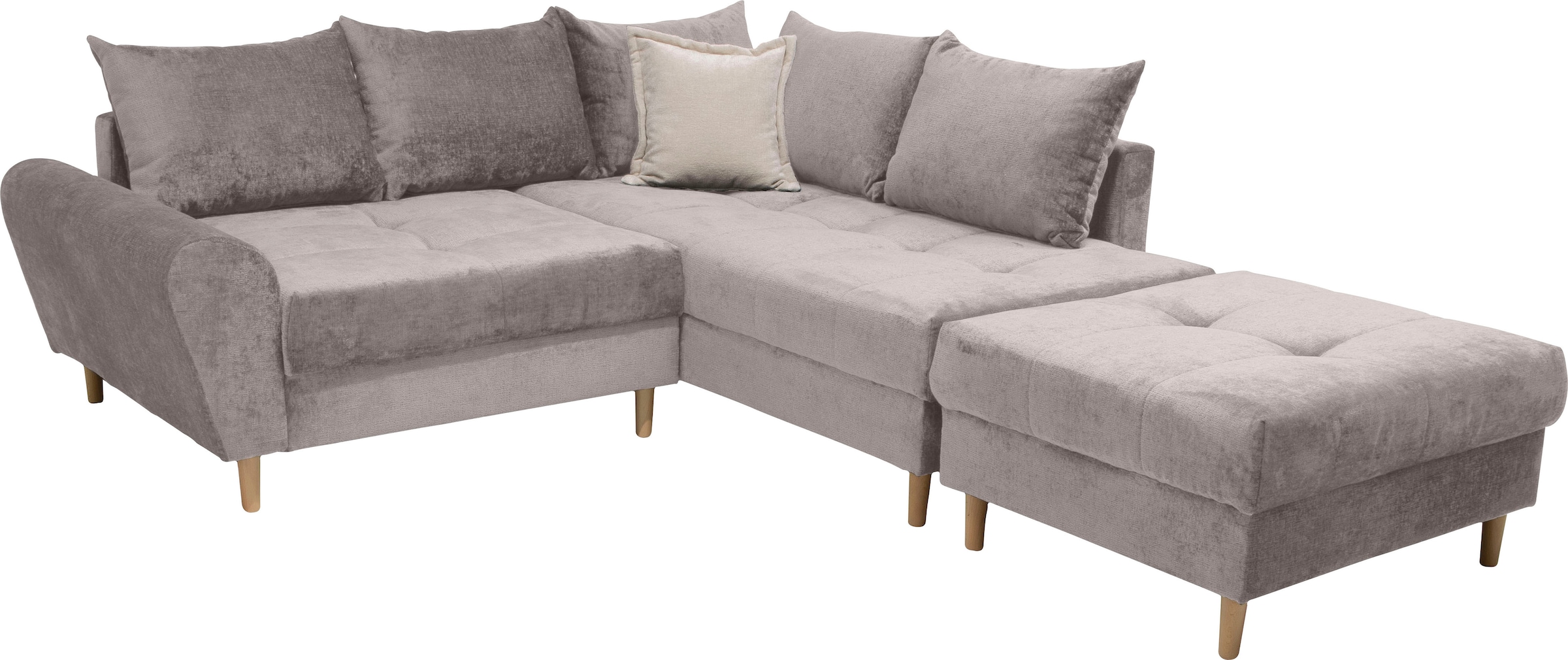 COLLECTION AB Ecksofa »Reims L-Form«, Ottomane beidseitig montierbar, inkl. Bettfunktion und Hocker