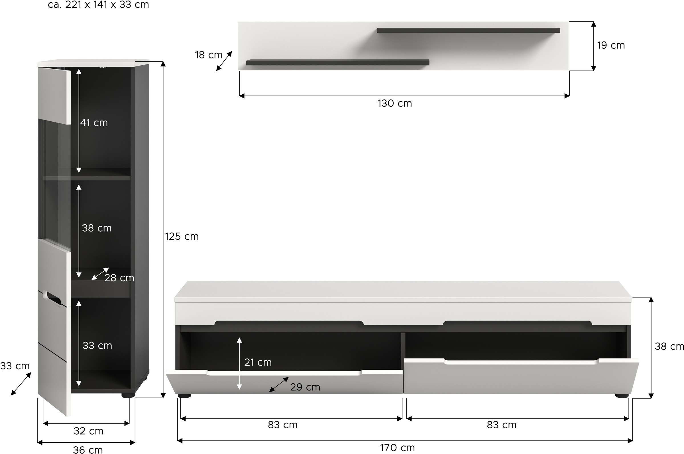 INOSIGN Wohnwand »REHAT, TOPSELLER!, 3-teilig, best. aus: Vitrine,Lowboard & Wandboard«, (2 St., Breite 221 cm, stehend oder hängend montierbar), Kombination, Anbauwand, Set, Wohn-Set, Wohnzimmer-Set, Schrankwand