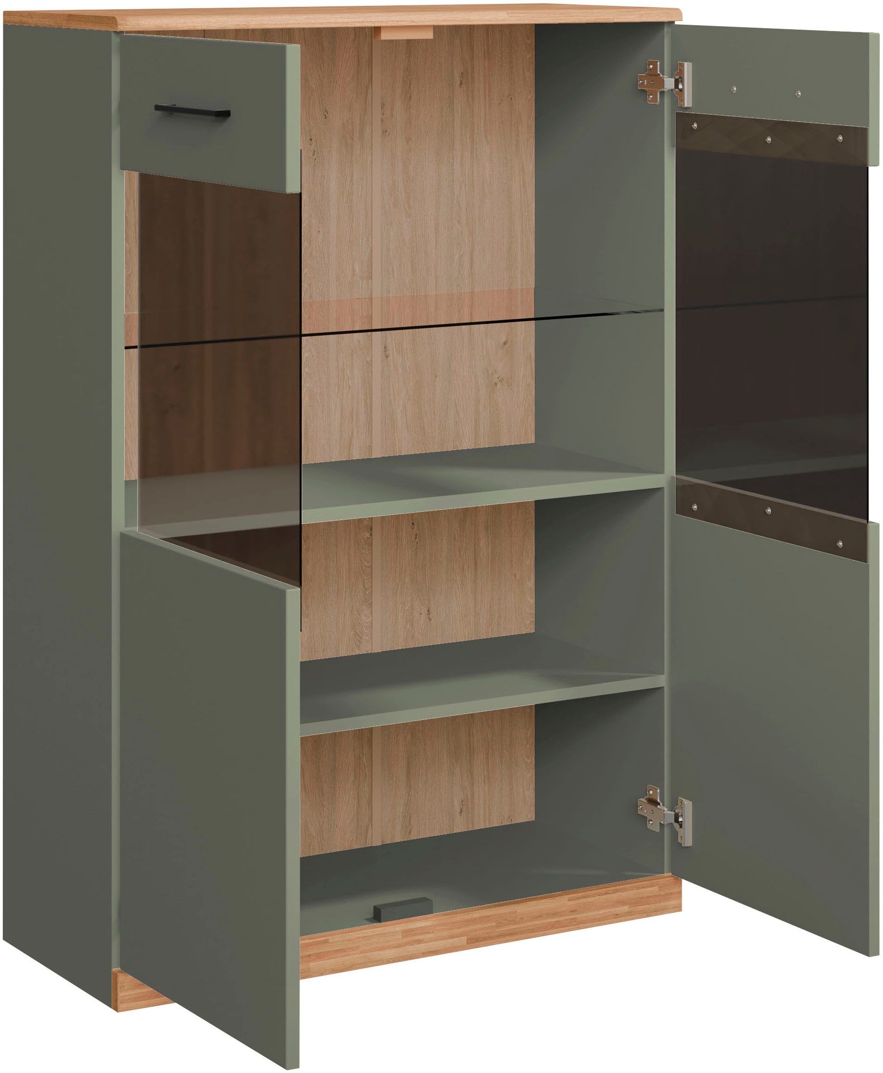 Home affaire Highboard »Ribe,125cm hoch,87cm breit,4 breite Fächer«, Oberplatte Eiche massiv,dunkles Glas, schwarze Metall Griffe