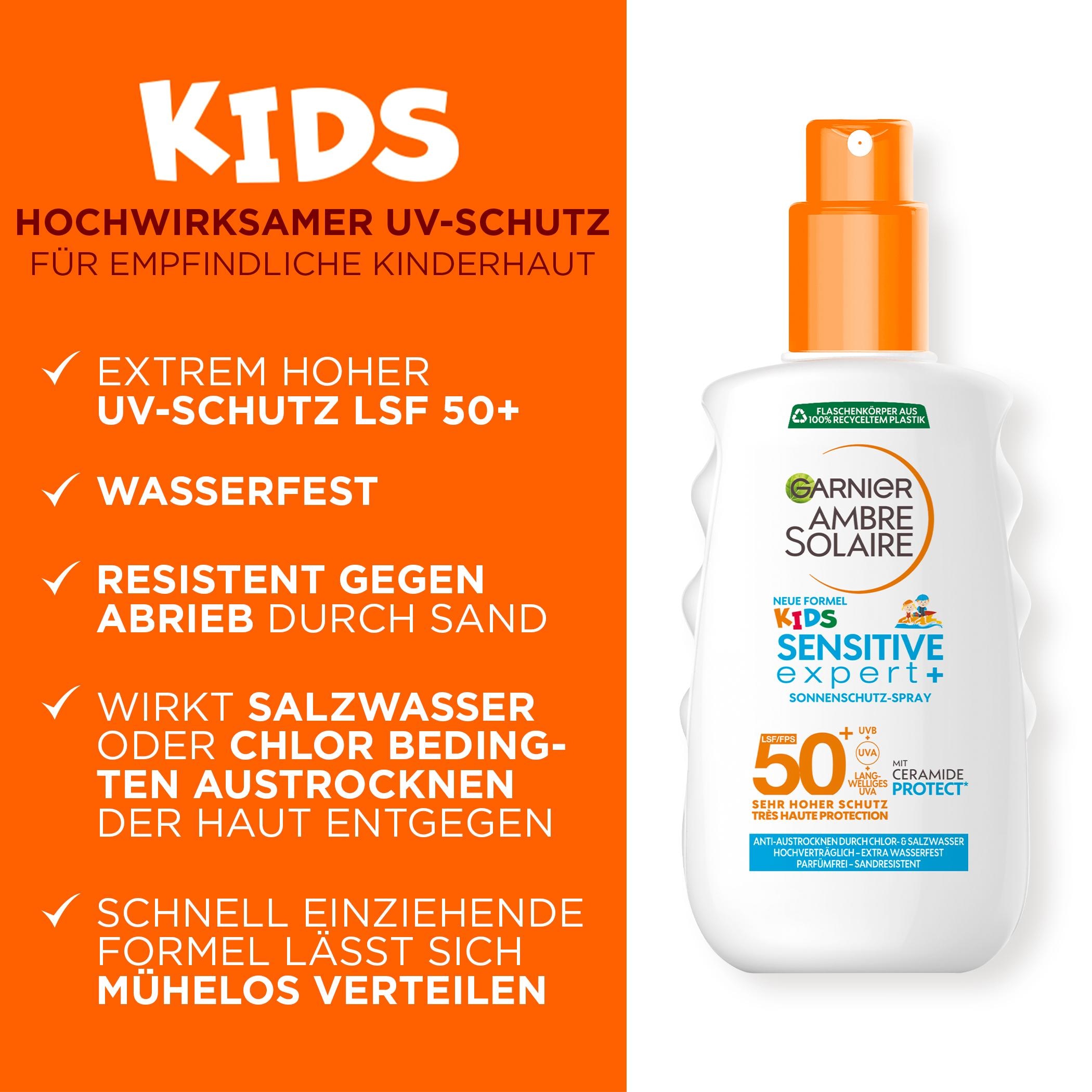 GARNIER Sonnenschutzspray »AMBRE SOLAIRE KIDS SENSITVE EXPERT+ LSF50+« für Kinder, LSF 50+, mit sehr hohem UVA-/UVB-Schutz, leichte Formel