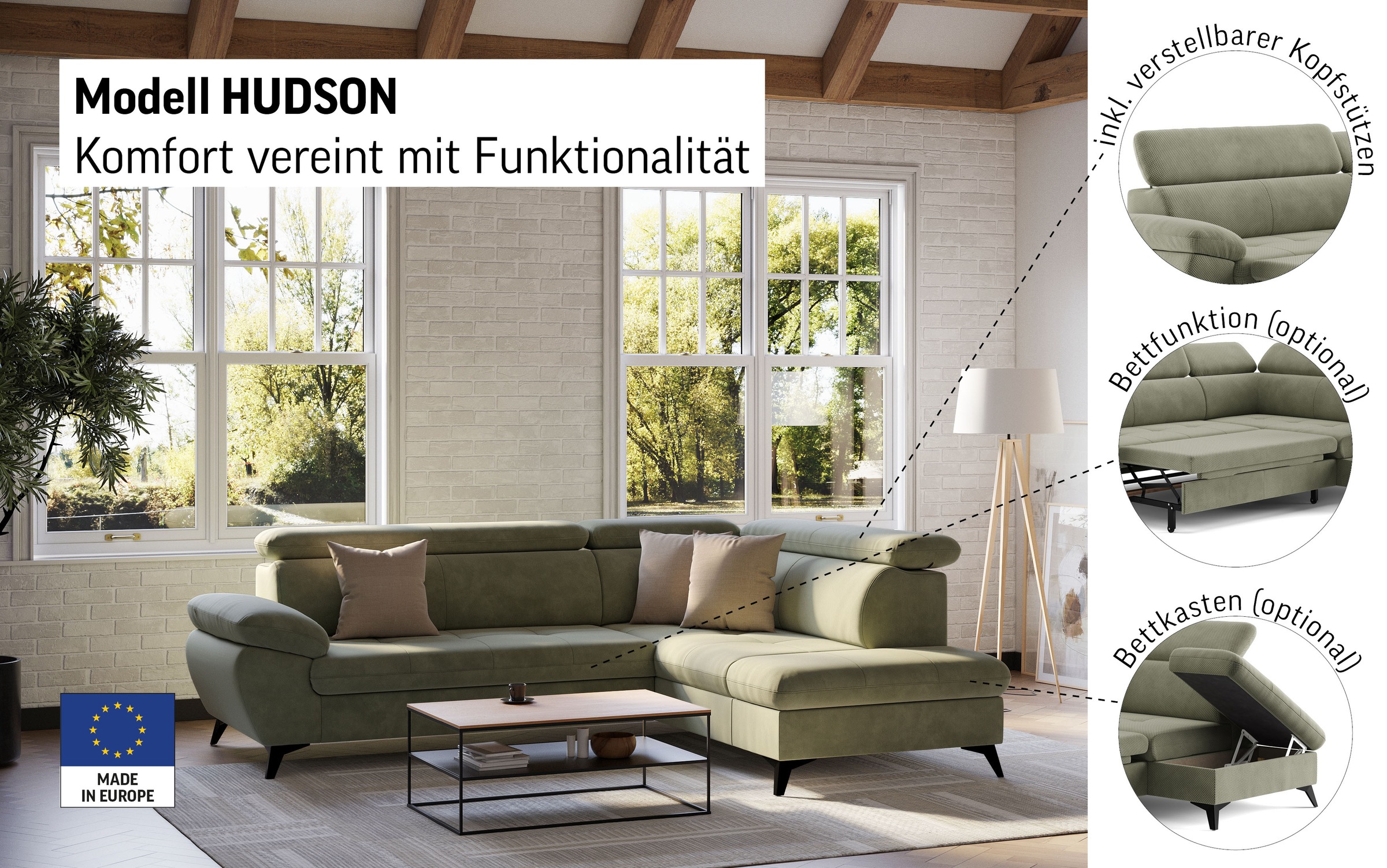 COTTA Ecksofa »Hudson L-Form«, mit Kopfteilverstellung, wahlweise mit Bettfunktion & Bettkasten