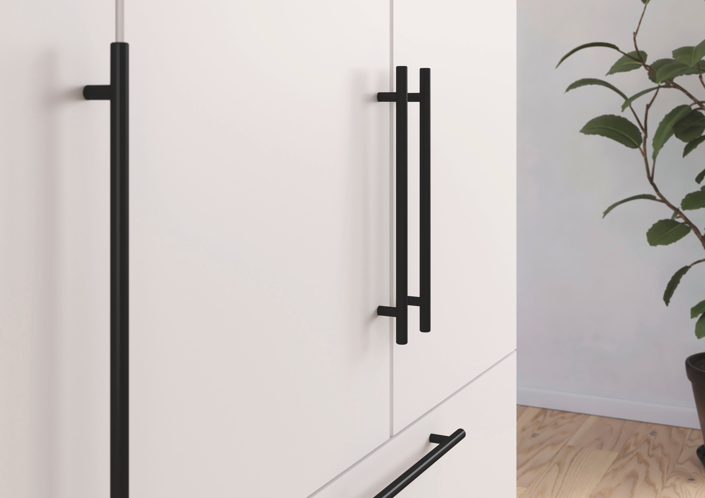 rauch Kleiderschrank »Drehtürenschrank Schrank Garderobe Wäscheschrank Schlafzimmer AVOLA«, (in 3 verschiedenen Ausstattungen BASIC/CLASSIC/PREMIUM), mit hochwertigen Stangengriffen aus Metall in Schwarz MADE IN GERMANY