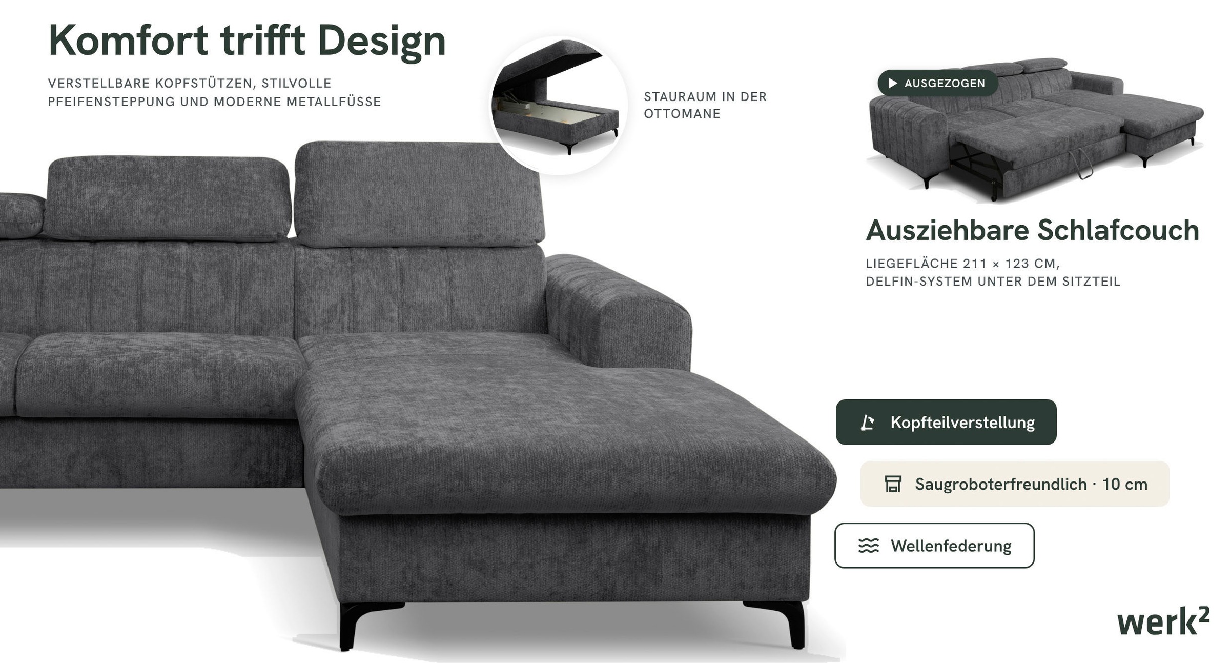 WERK2 Ecksofa »Foster L-Form mit Schlaffunktion und Bettkasten, 264 cm breit« 3 verstellbare Kopfstützen & Pfeifensteppung im Retro-Look