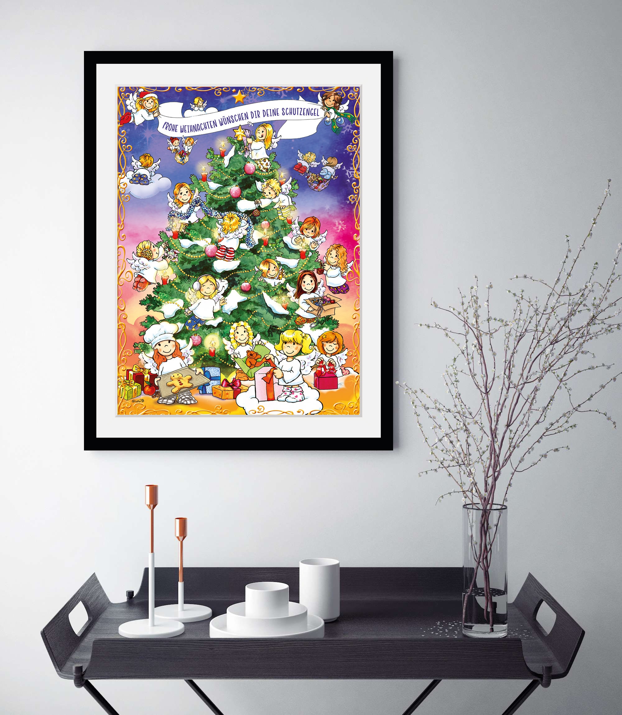 queence Bild »Weihnachtsbaum«, Engel-Schriftzug-Schriftzüge-Weihnachten-Tannenbaum-Weihnachtsbaumkugeln, (1 St.), HD Premium Poster-Druck inkl. Holzrahmen