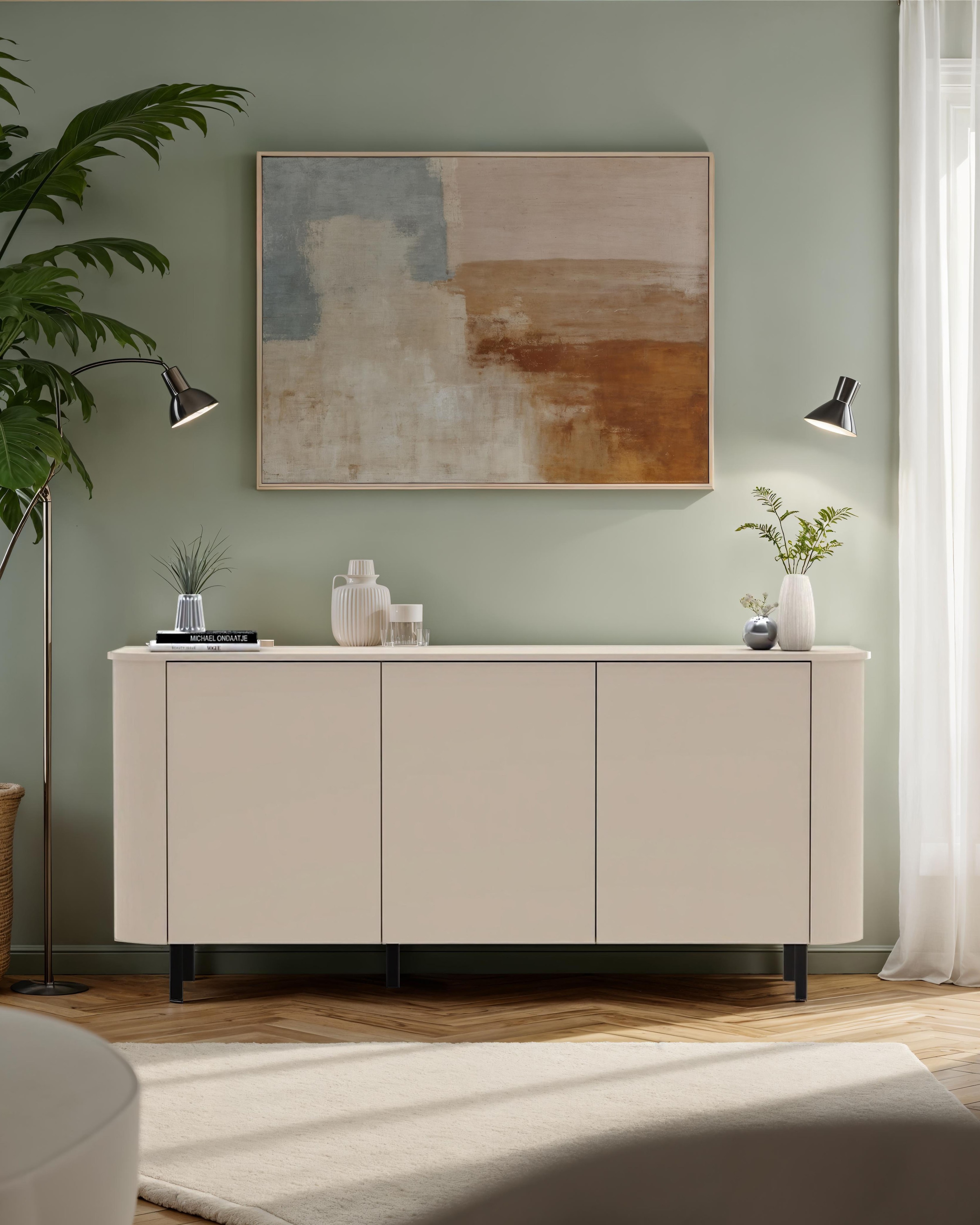 INOSIGN Sideboard »Lido, 181 cm breit, 3 Türen, Anrichte, Kommode, Stauraumschrank« Formgebogenes MDF, Stirnseiten mit Rundung, Push-to-open, Metallfüße