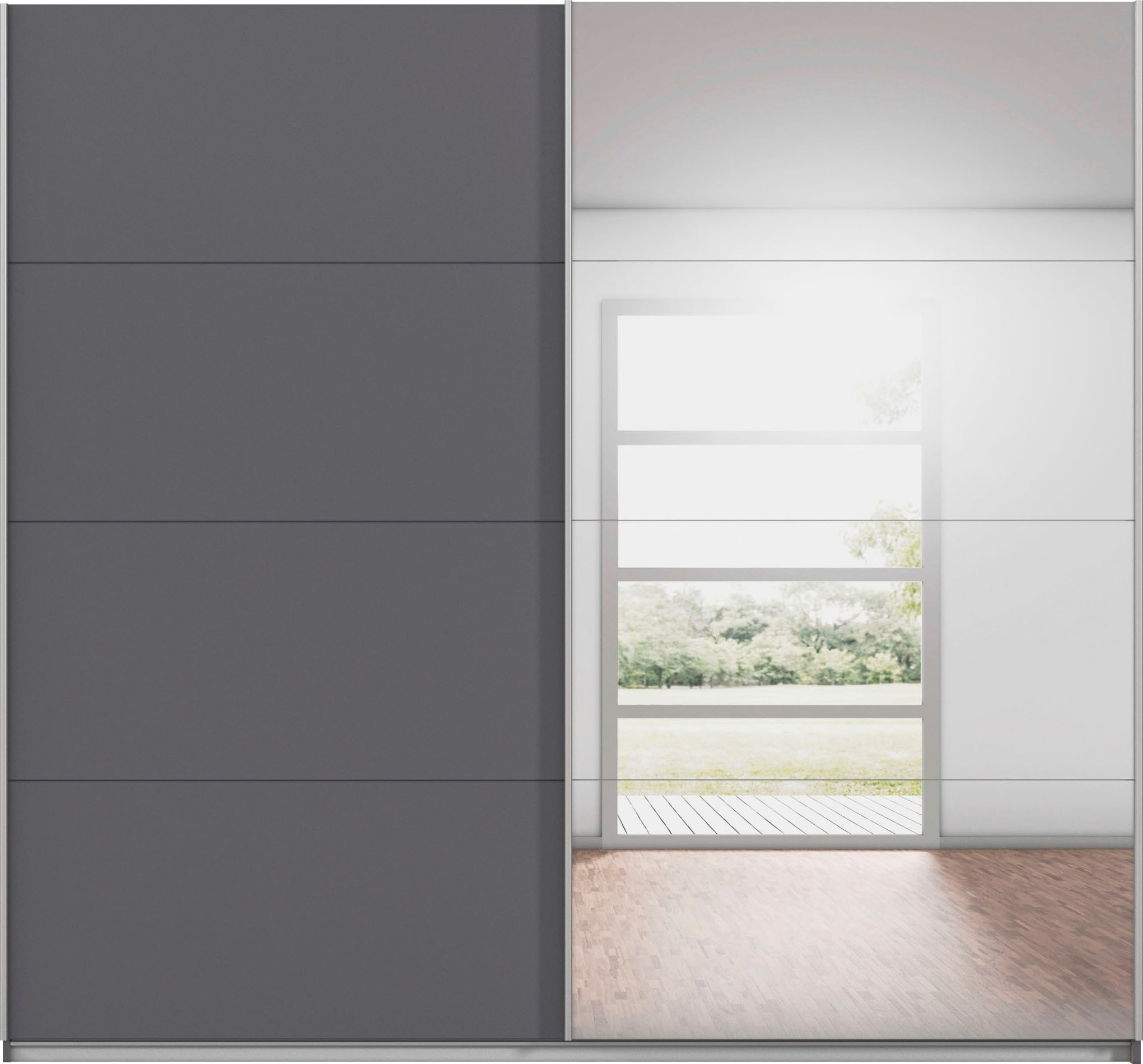 INOSIGN BY RAUCH Schwebetürenschrank »Kleiderschrank Schrank Garderobe Schlafzimmerschrank THANOS«, (in 3 verschiedenen Ausstattungen BASIC/CLASSIC/PREMIUM), Optional mit Spiegel, Metall-Griffleisten alufarben MADE IN GERMANY