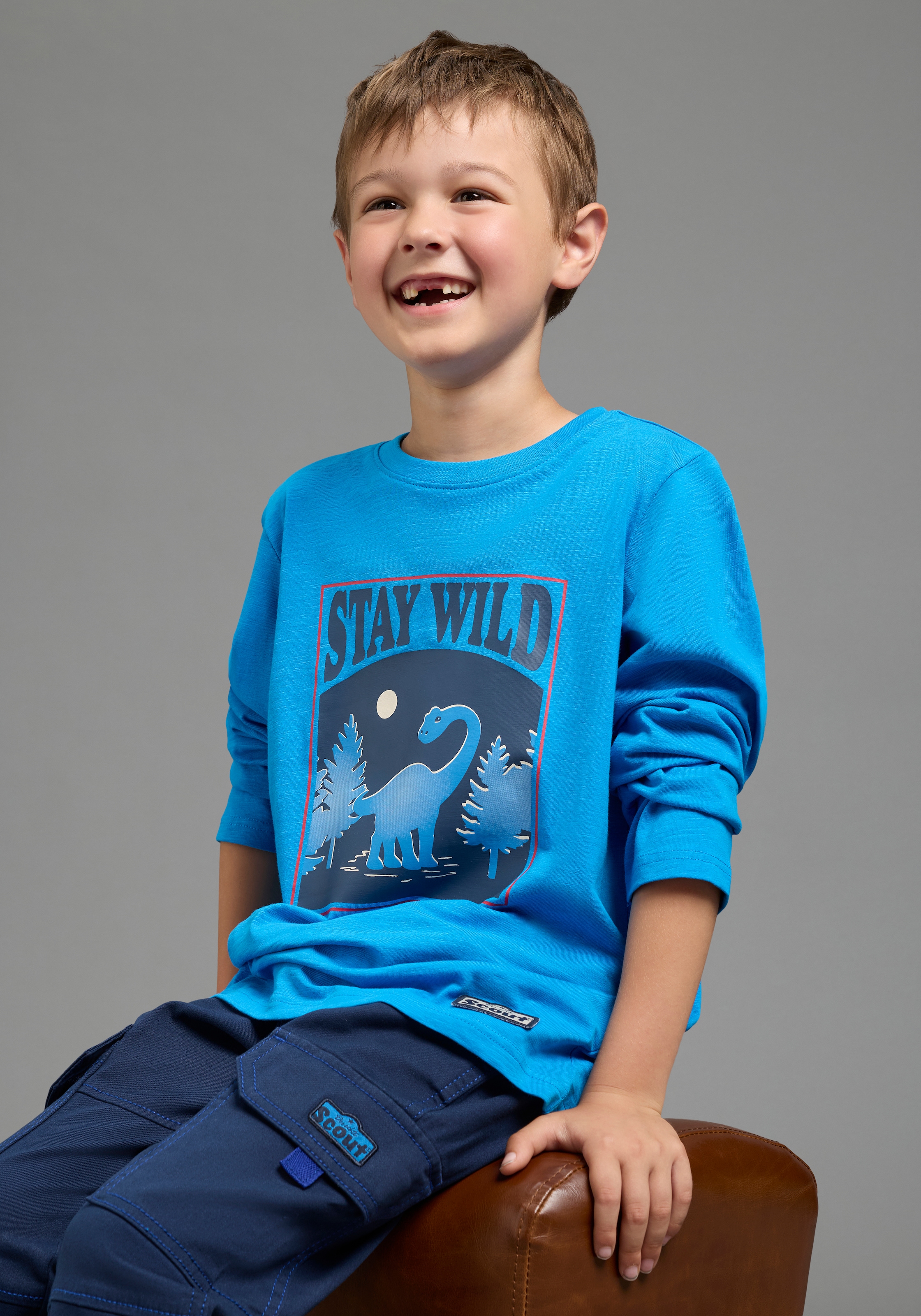 Scout Langarmshirt »Shirt mit coolem Dino-Print, modisches Melangegarn« mit Rundhalsausschnitt, mit Langarm, modischer Basic-Schnitt