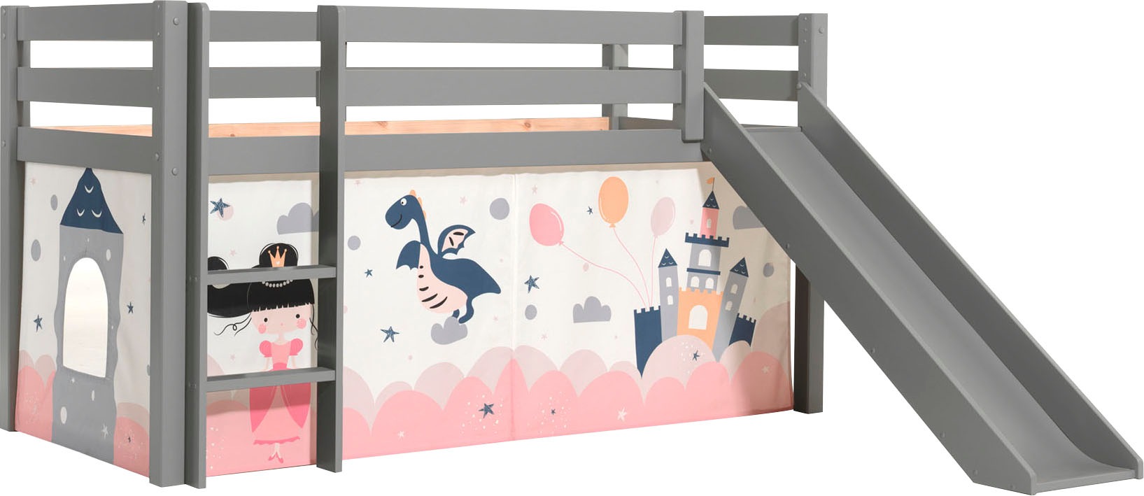 Bild von Vipack Spielbett »Vipack Pino«, (Made in Europe), Hochbett mit Textil-Set, inkl. Rolllattenrost, Leiter und Rutsche