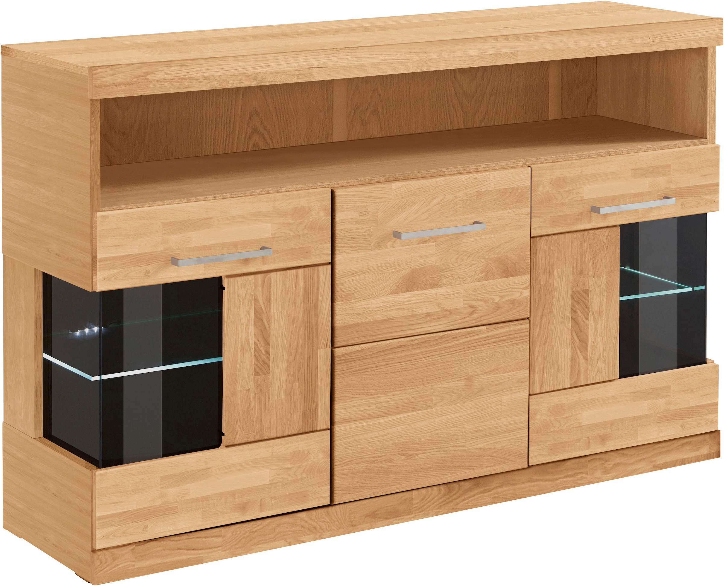 Home affaire Sideboard »Ribe,130cm breit,Fronten Massivholz,2Türen mit gehärtetem Glaseinsatz«, Korpus aus Holzwerkstoff, Metall Griffe,7 Fächer, Böden versetzbar