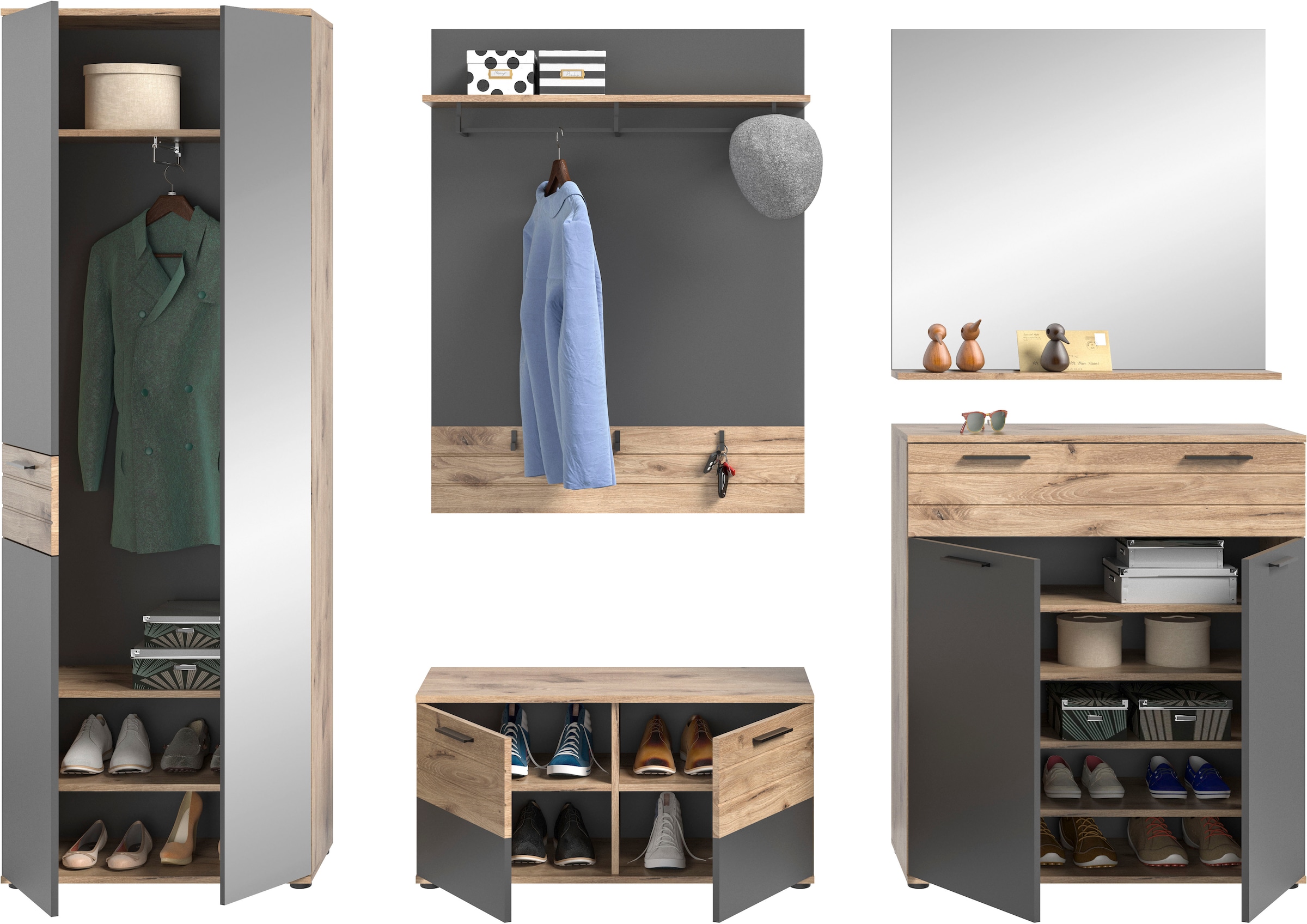 INOSIGN Garderoben-Set »Riga, Breite 280 cm, hochwertige Rillenfräsung, 5-teilig, best. aus:«, (Set, 5 St.), Garderobenschrank, Sitzbank, Paneel, Garderobenspiegel, Schuhkommode