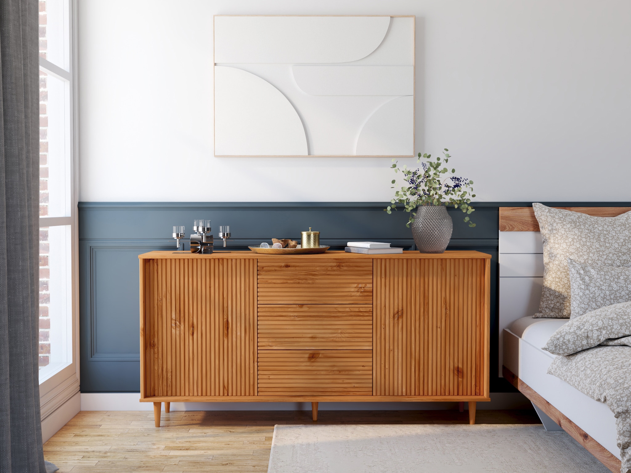 INOSIGN Sideboard »Malmedy Front mit gefrästen Rillen«, Kommode aus massivem Kiefernholz, Push-to-open, Breite 160 cm