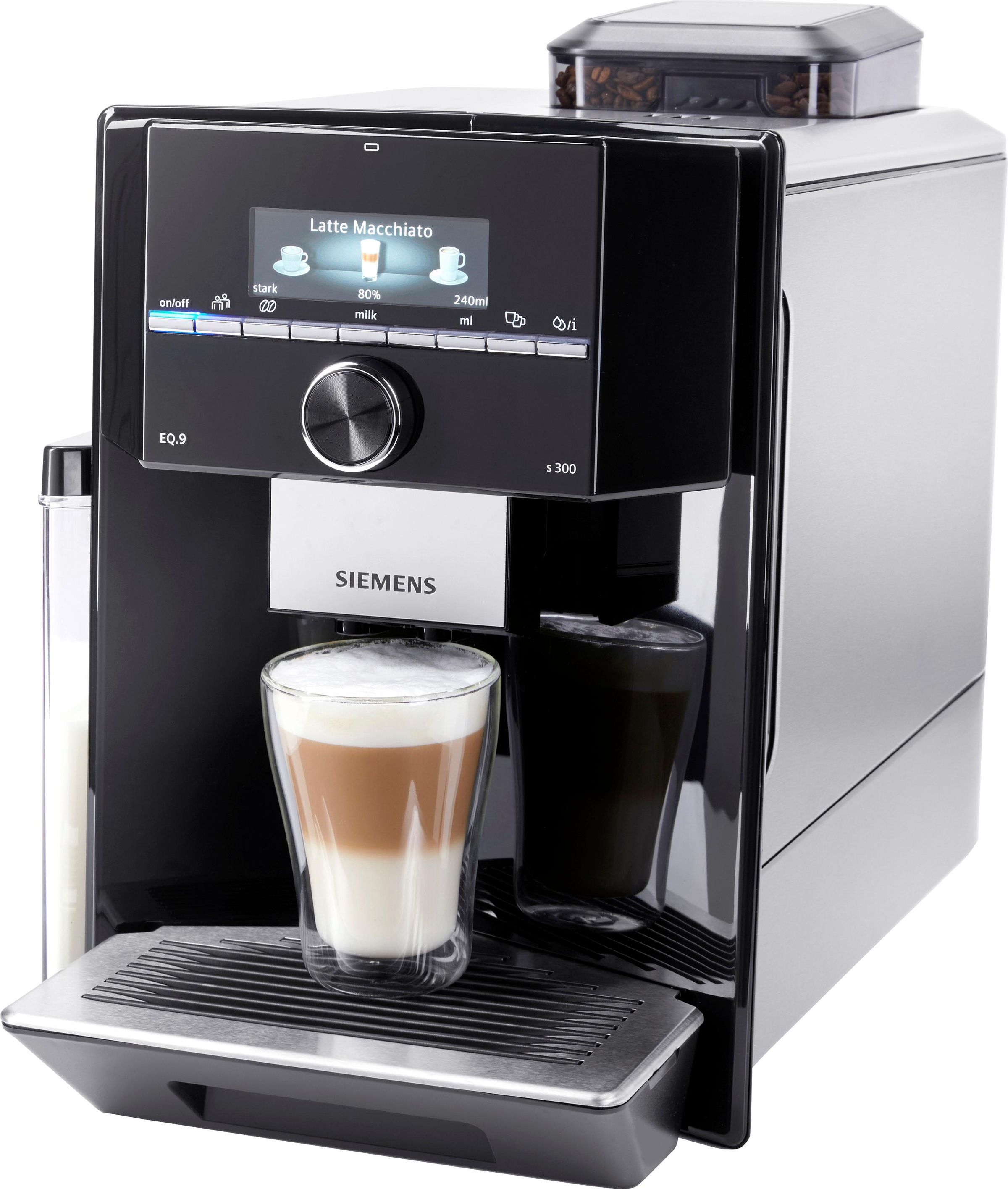 SIEMENS Kaffeevollautomat »EQ.9 s300 TI923509DE, schwarz/Edelstahl«, extra leise, autom. Milchsystem-Reinigung, bis zu 6 Profile