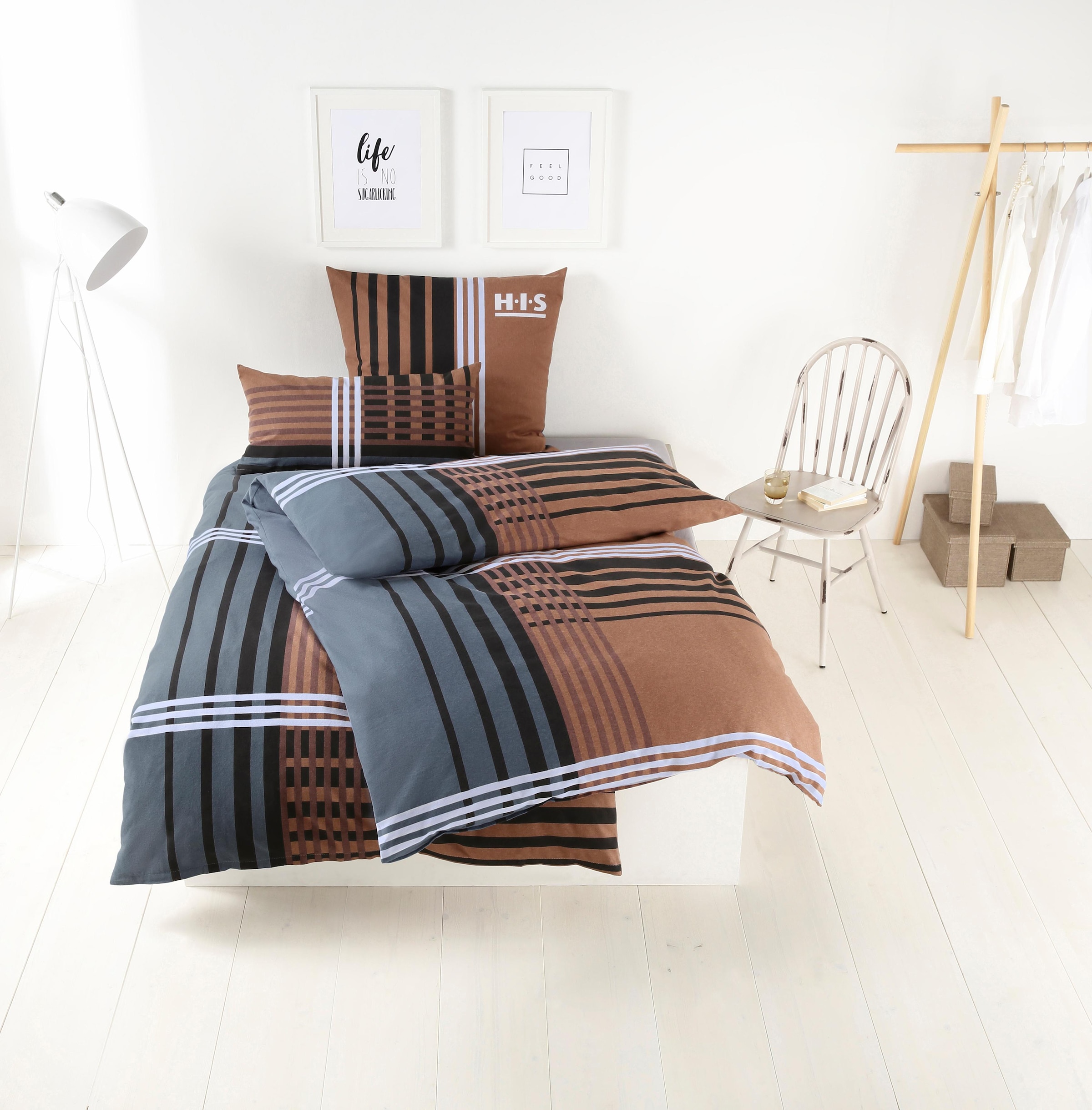 Bett- aus Cotton 100% Design, Renforcé in Qualität, Baumwolle, und in zertifiziert Kopfkissenbezug Bettwäsche die Bettwäsche im »Philip«, Made Initiative mit Reißverschluss, Africa, bequem und Set Green made H.I.S unterstützt Karo sportlichen