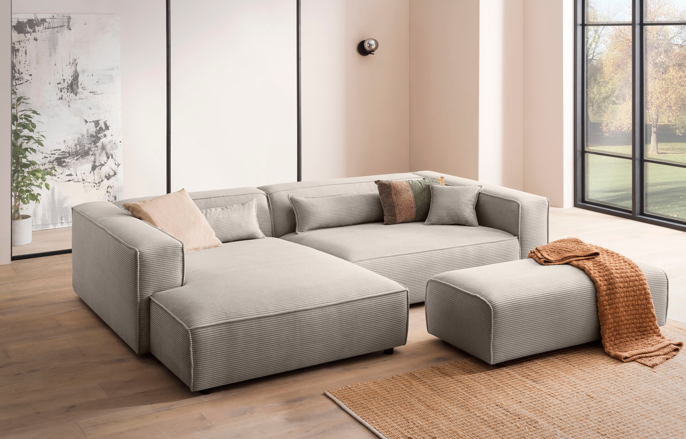 LeGer Home by Lena Gercke Polsterecke »PIARA XXL, L-Form mit Schlaffunktion, Big-Sofa in Cord o. Leinenoptik«, Hocker stellbar zum Schlafsofa (Krokodilverbinder), tiefe Sitzfläche
