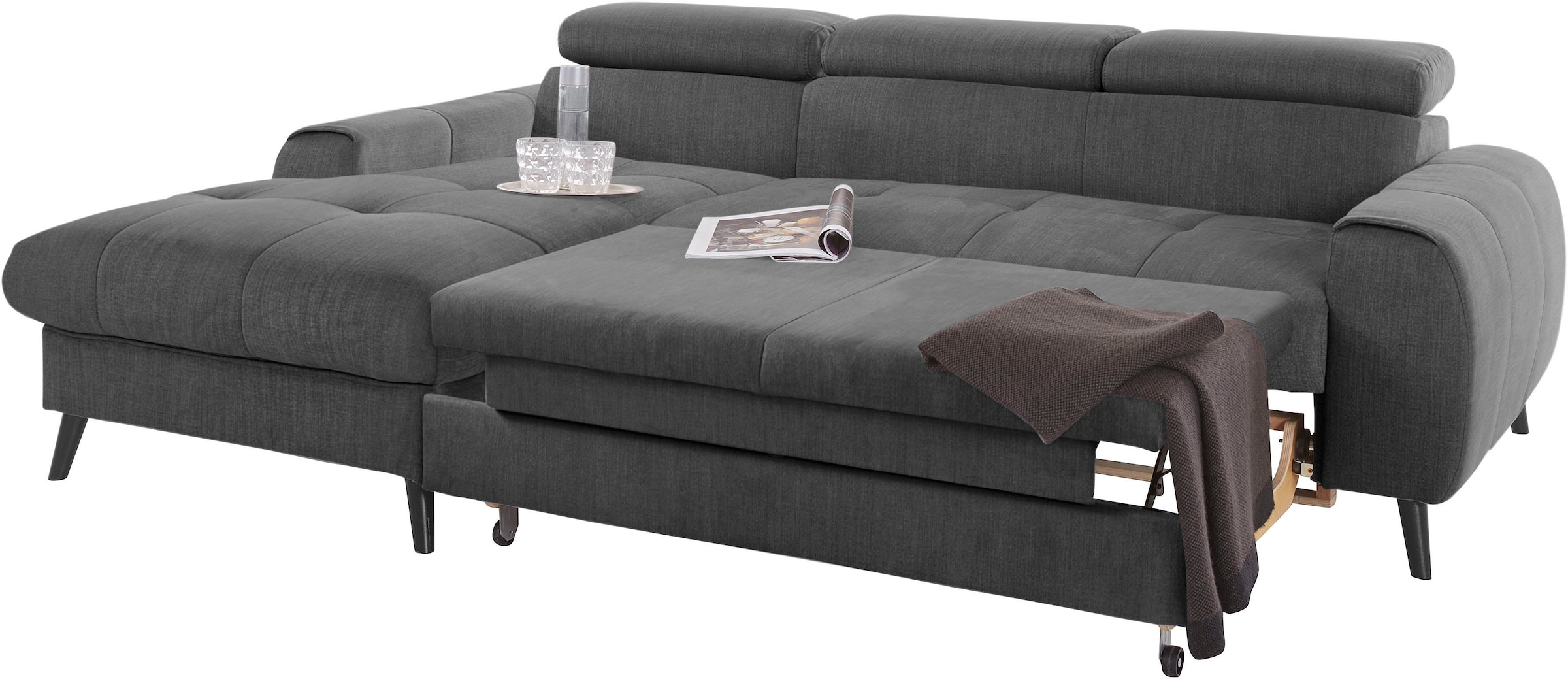 COTTA Ecksofa »Mia L-Form mit 3 Zierkissen«, wahlweise mit Bettfunktion, Bettkasten, Beleuchtung & Wireless-Charger