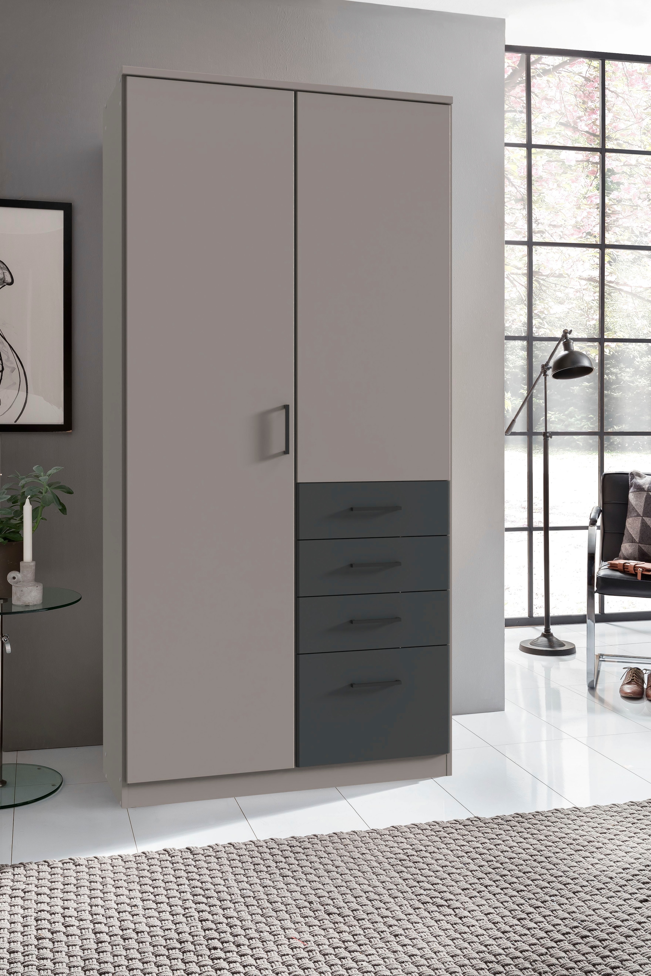 Wimex Kleiderschrank »Cottbus, in weiß oder grau modern kombiniert mit graphitfb.Schubladen«, (in 3 Größen, schwarze Griffe, Made in Germany), mit 4 Schubladen, wahlweise mit oder ohne Spiegel