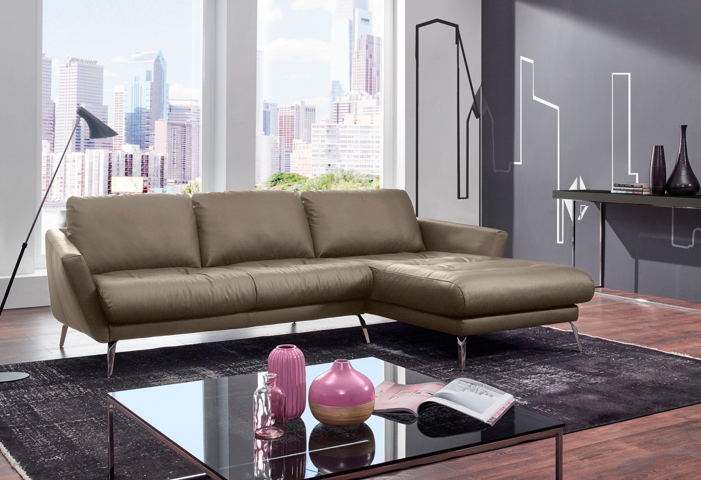 W.SCHILLIG Ecksofa »softy, Designsofa, zeitlos und elegant, hoher Sitzkomfort, L-Form«, mit dekorativer Heftung im Sitz, Füße Chrom glänzend