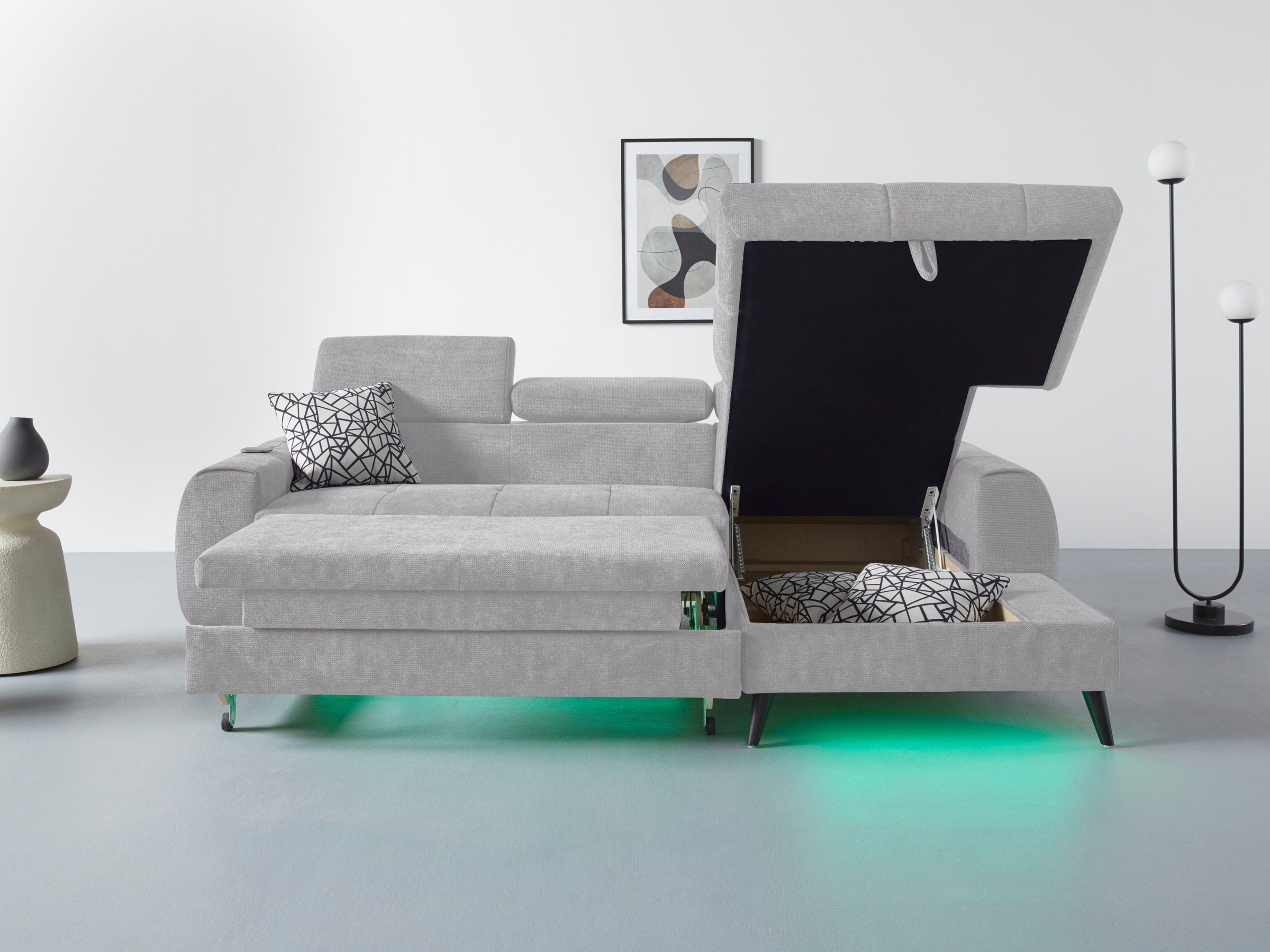 COTTA Ecksofa »Mia L-Form mit 3 Zierkissen«, wahlweise mit Bettfunktion, Bettkasten, Beleuchtung & Wireless-Charger