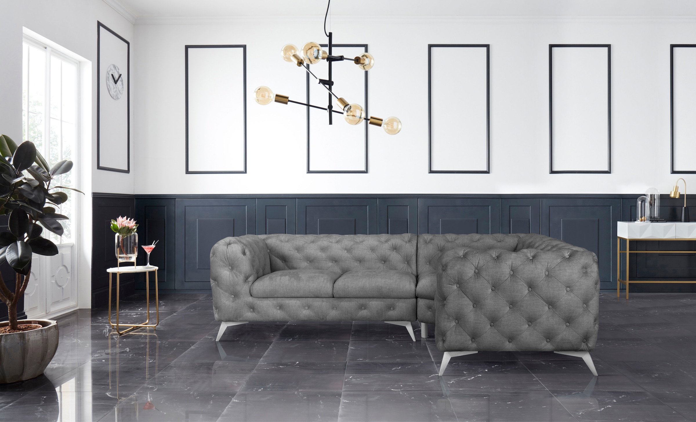 Leonique Chesterfield-Sofa »Ecksofa GLYNIS L-Form mit Wellenunterfederung, Maße B/T/H 264/204/75cm«, aufwändige Knopfheftung, moderne Chesterfield Optik, Fußfarbe wählbar